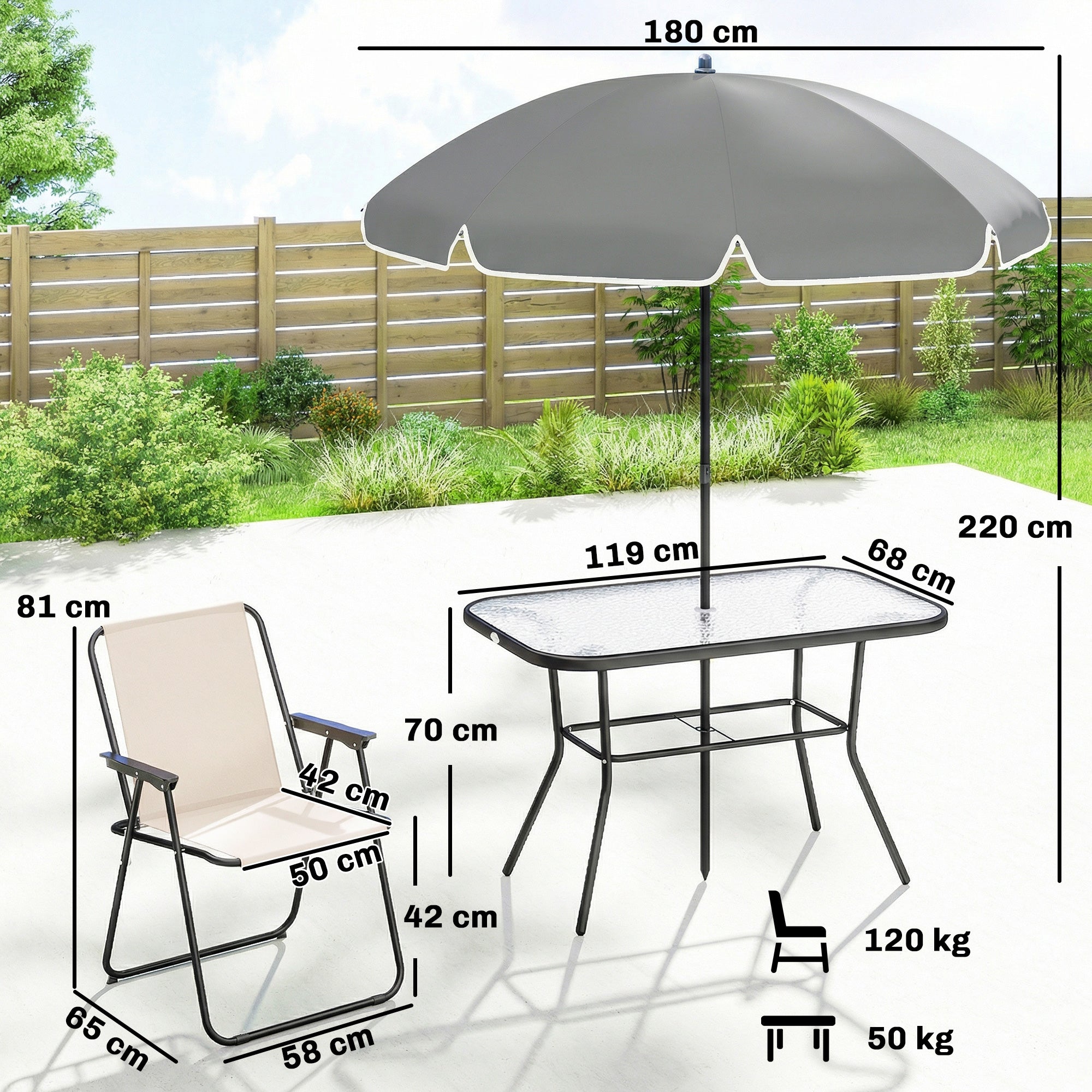 Outsunny 8 Piece Garden Dining Set with Umbrella Garden Furniture Set with 6 Folding Chairs, Tempered Glass Table for Patio Cream