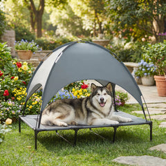 PawHut Outdoor Dog Bed with Removable Canopy, Portable Raised Dog Bed for Camping, Garden & Beach, Water-Resistant UV-Protection Mesh Pet Cot Sun Lounger, for XL Pets, 122 x 92 x 108 cm, Grey