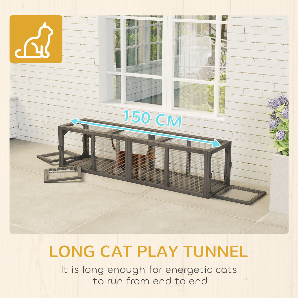PawHut Outdoor Cat Tunnel, Wooden Play Cat Enclosure, Extendable Pet Run with 3 Doors, for Indoor and Outdoor Use, Grey