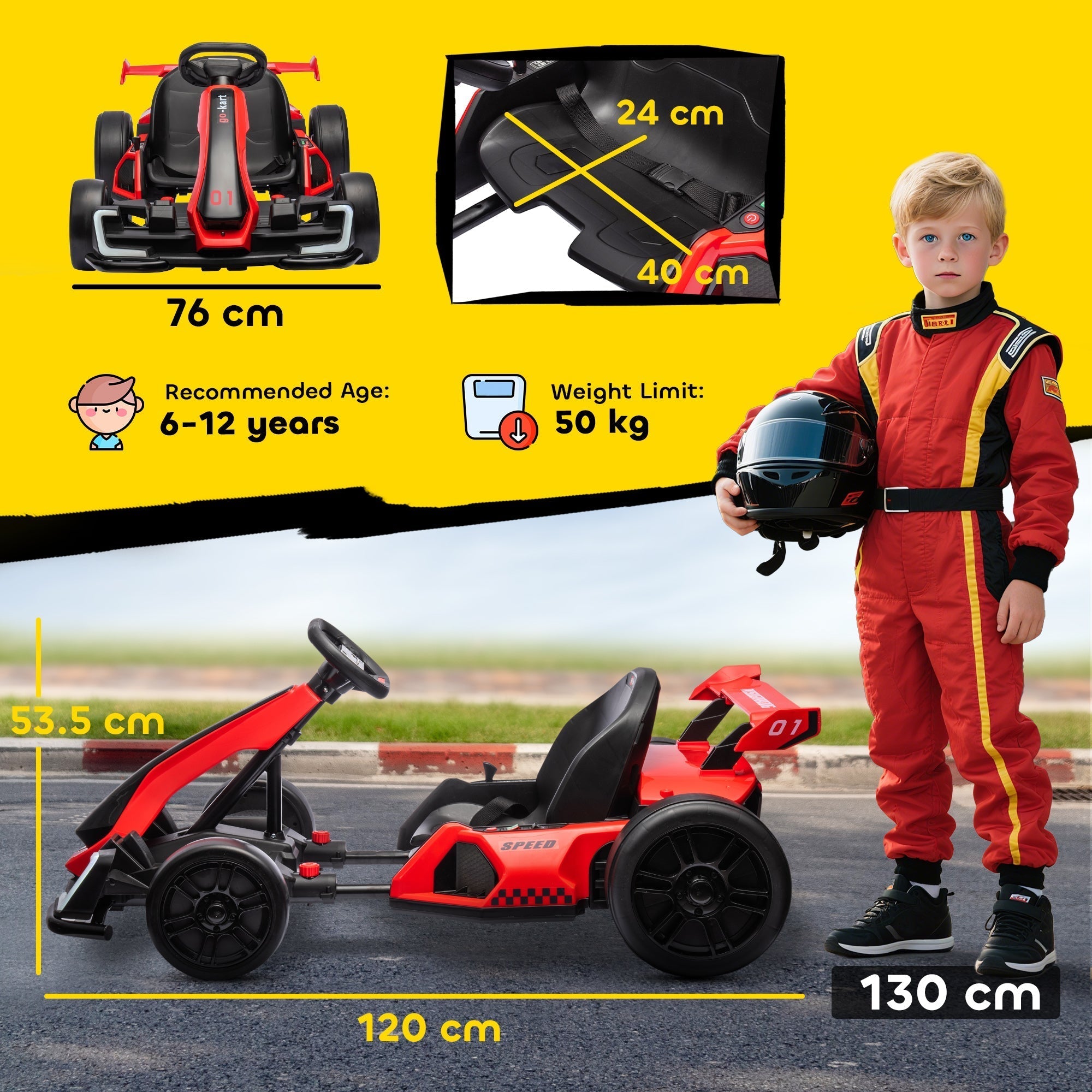 HOMCOM 24V Electric Go Kart for Kids with Adjustable Seat for 6-12 Years, Red