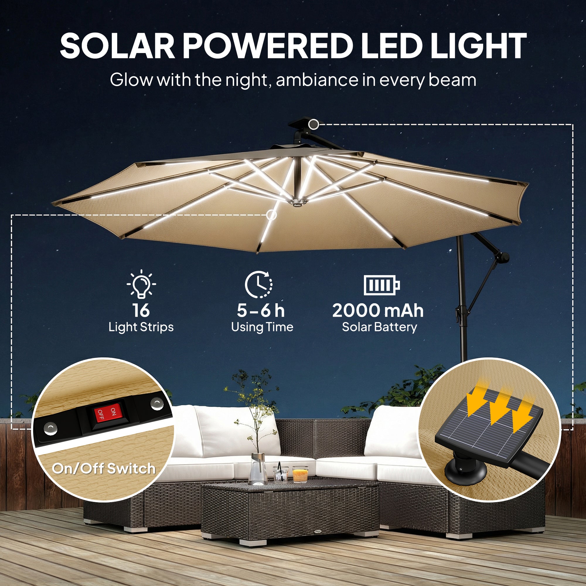 Outsunny 3 m Garden Cantilever Parasol with LED Solar Light, Round Overhanging Umbrella with 360 degrees Rotation, Cover, Khaki