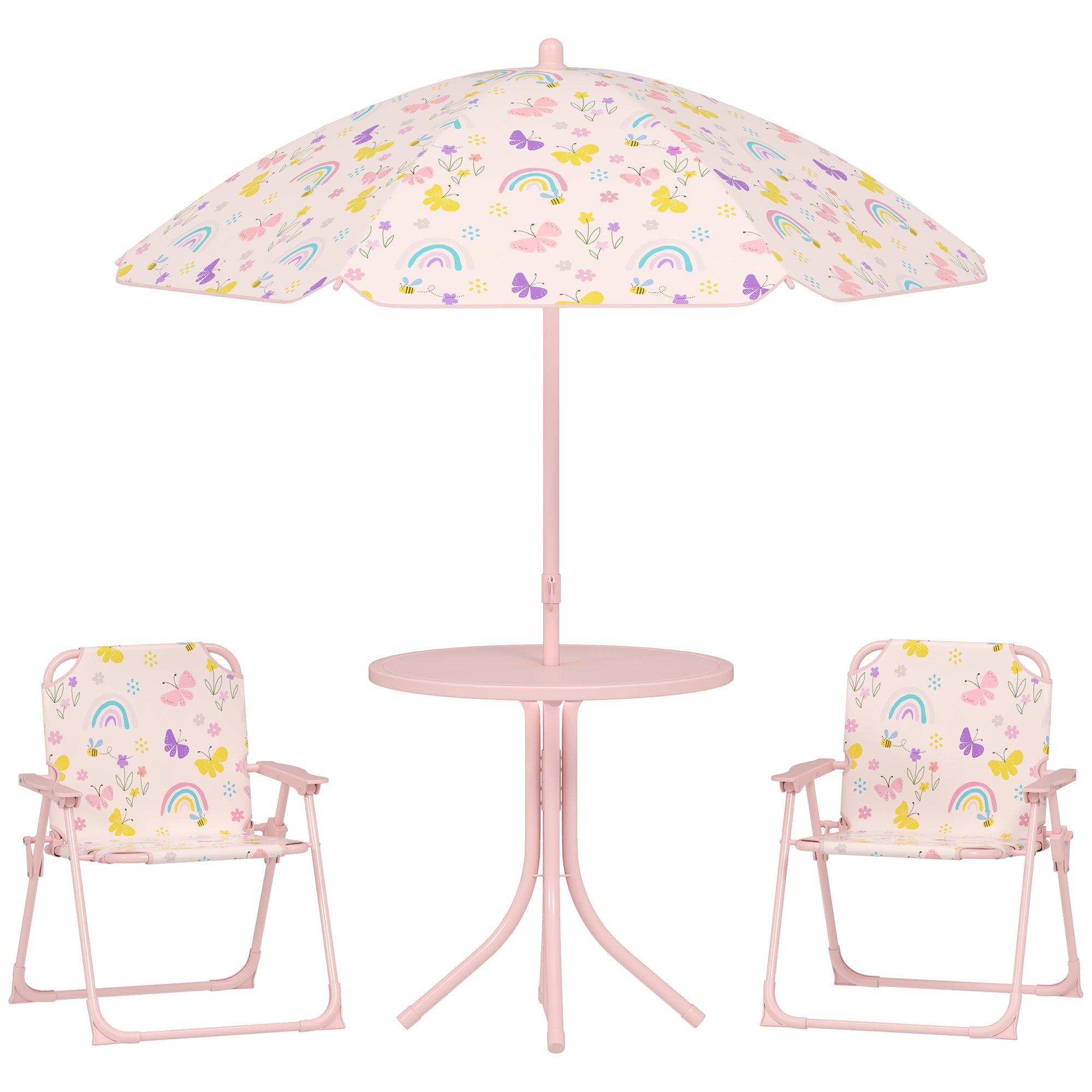 AIYAPLAY 4-Piece Kids Garden Table and Chair Set with Adjustable Parasol, Folding Chairs, Table, Rainbow Pattern, Pink