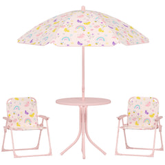 AIYAPLAY 4-Piece Kids Garden Table and Chair Set with Adjustable Parasol, Folding Chairs, Table, Rainbow Pattern, Pink