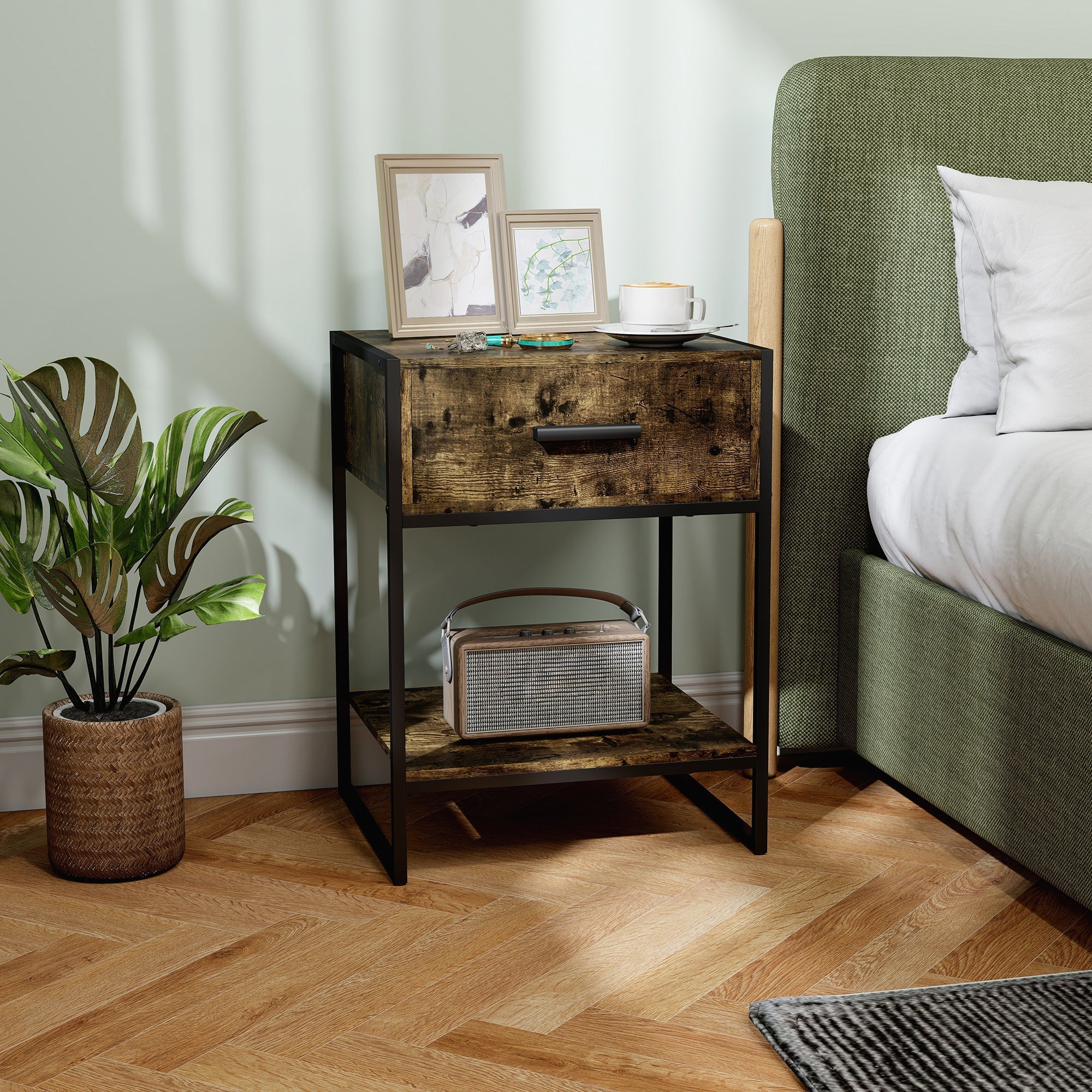 HOMCOM Modern Bedside Table - Rustic Brown