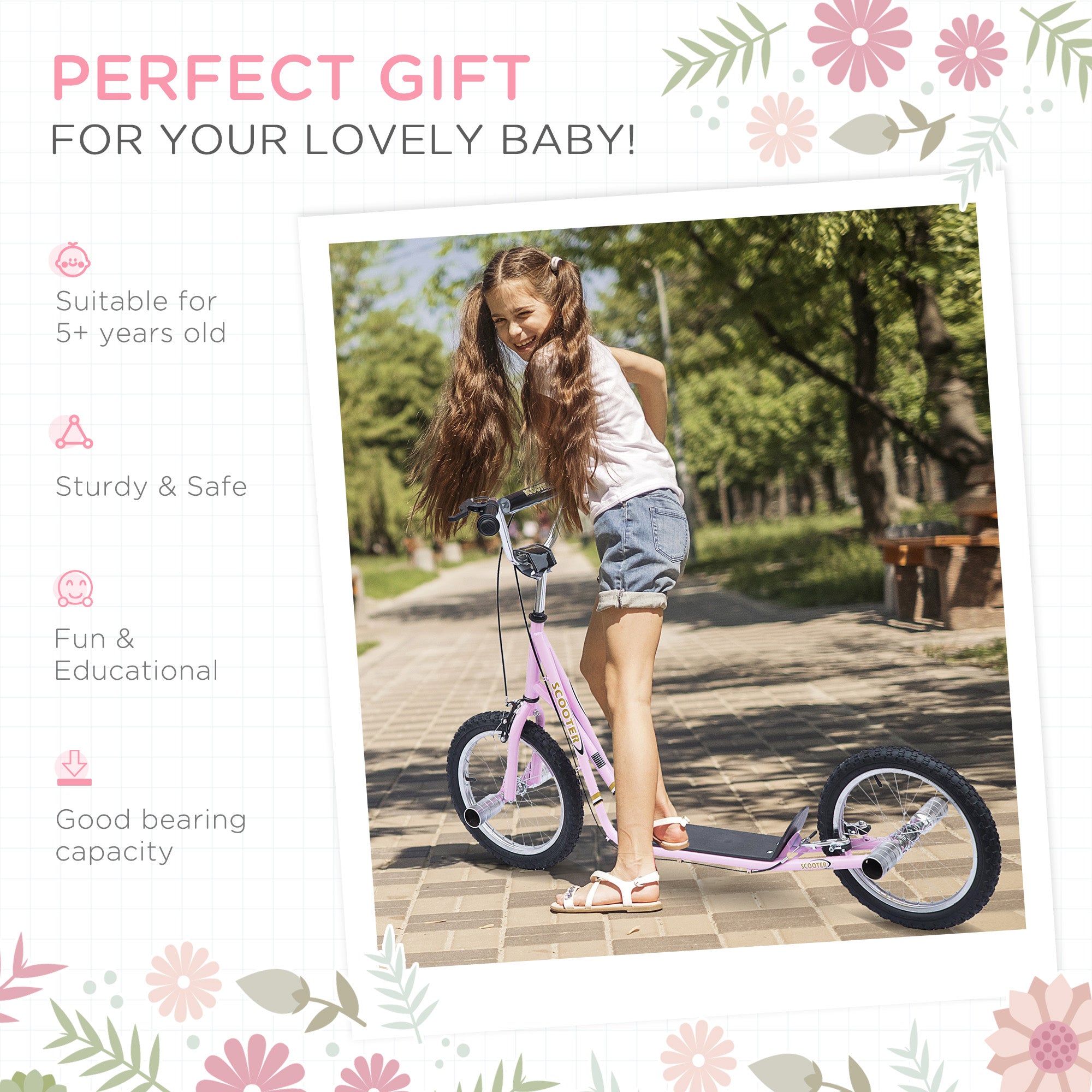 HOMCOM Stunt Scooter, Kids Scooter with 16" Big Wheels, Adjustable Height, Dual Brakes, for Ages 5+ Years, Pink