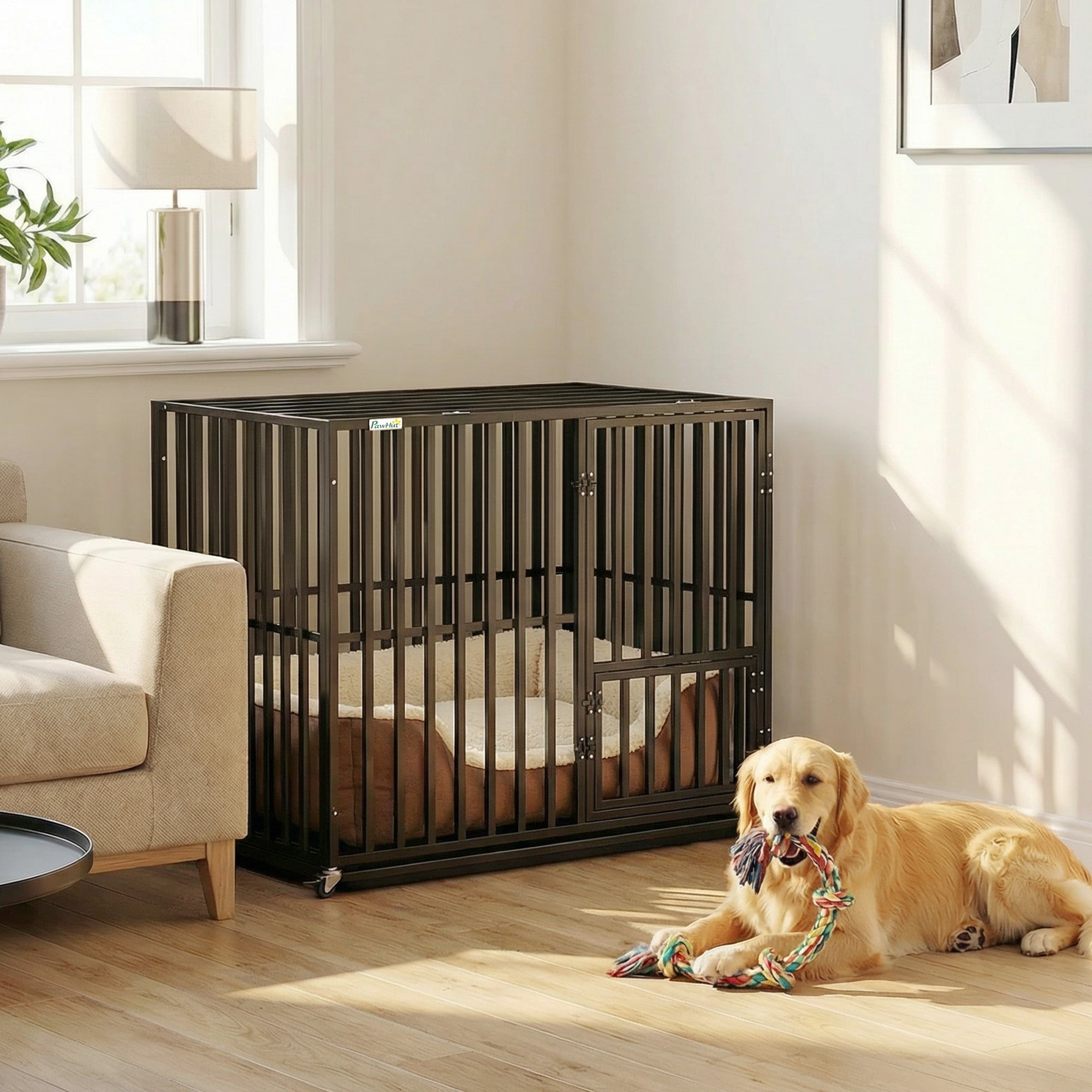 PawHut Heavy Duty Dog Crate, Dog Cage with Wheels for Medium Large Breeds, Metal Pet Kennel with Removable Tray