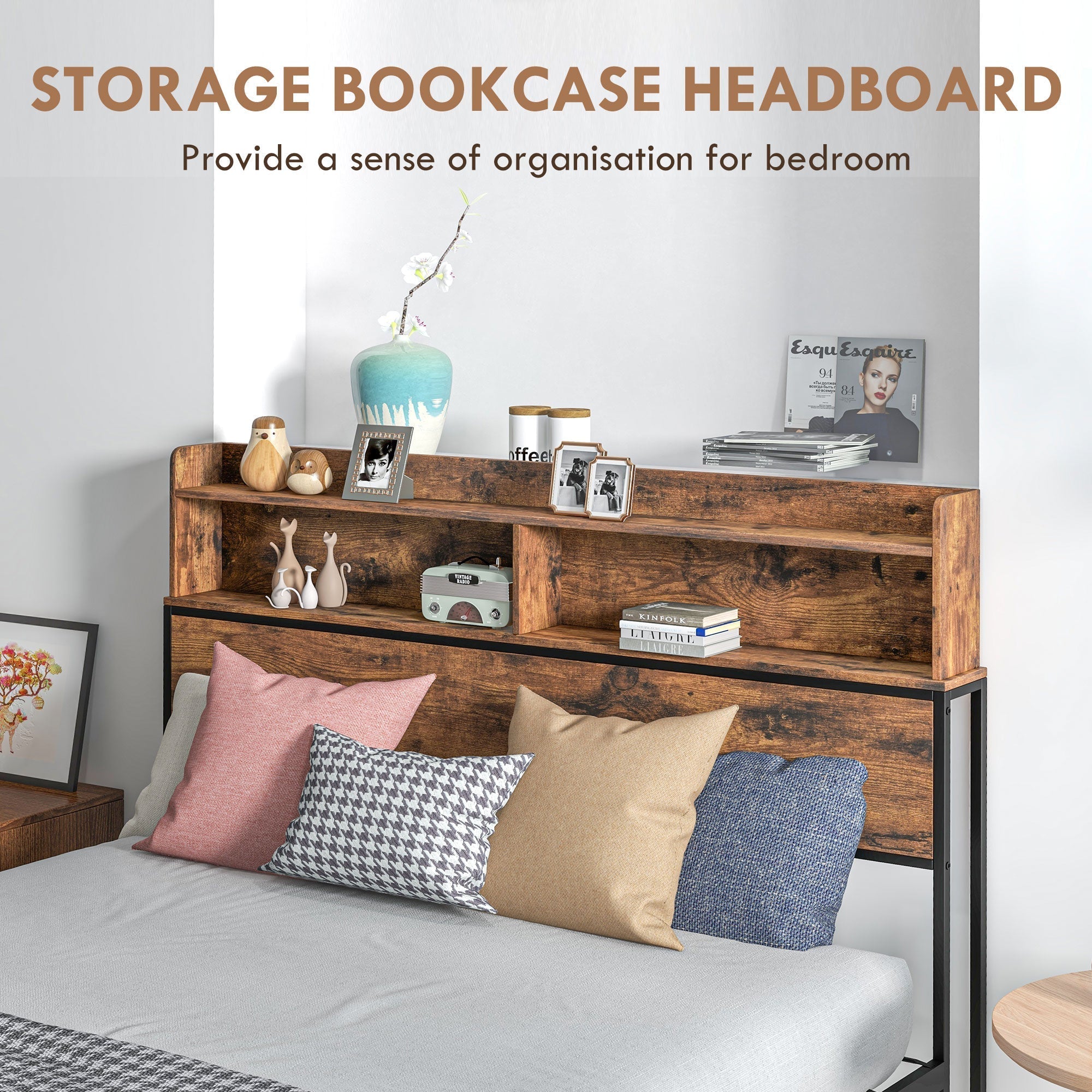 HOMCOM Industrial Double Bed Frame, 4.6FT Steel Bed Base with Storage Headboard, Footboard, Slatted Support and Under Bed Storage, 141 x 207cm, Rustic Brown