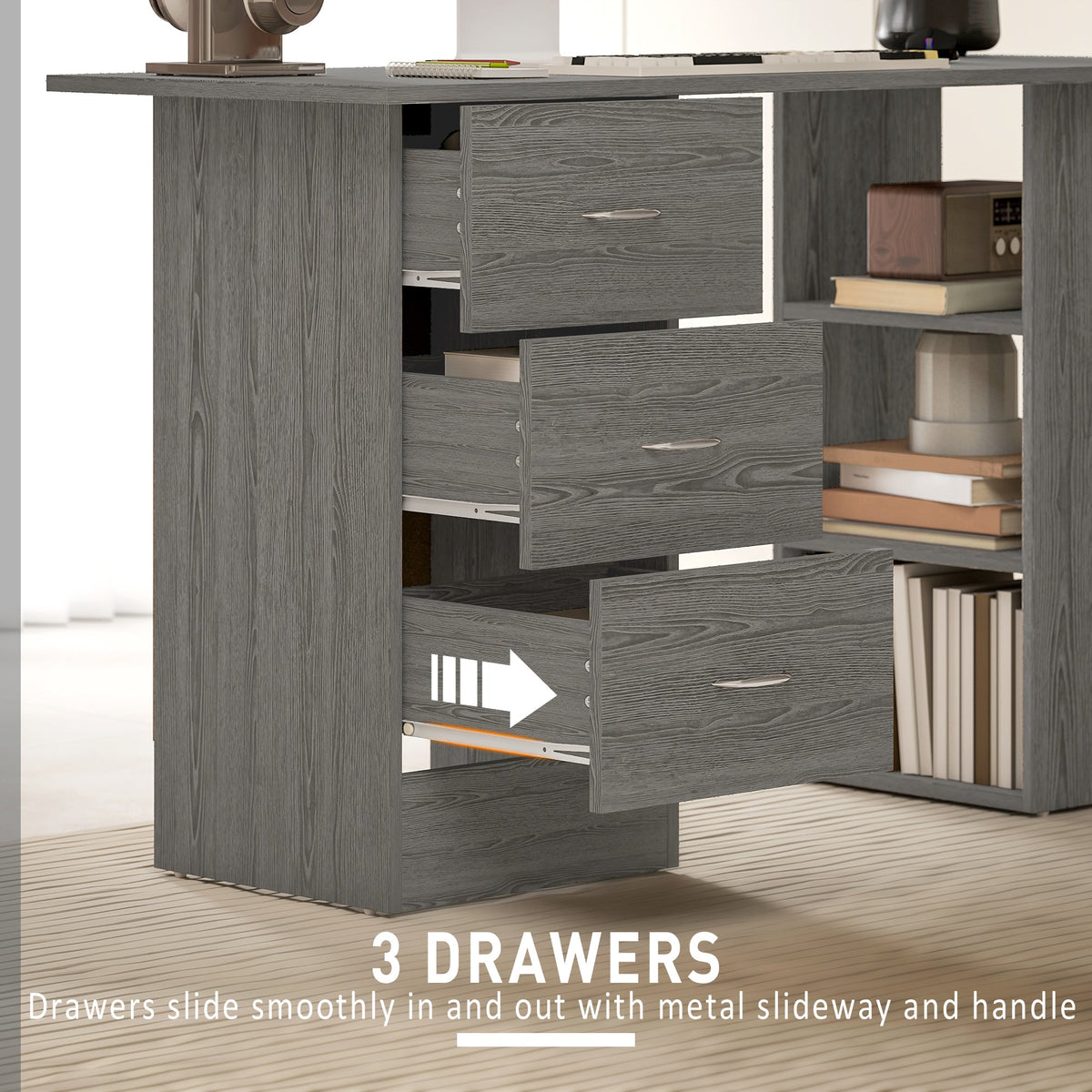 HOMCOM Computer Desk, Writing Table, PC Workstation with 3 Storage Shelves and Drawers, Silver Handle, for Home Office, Grey