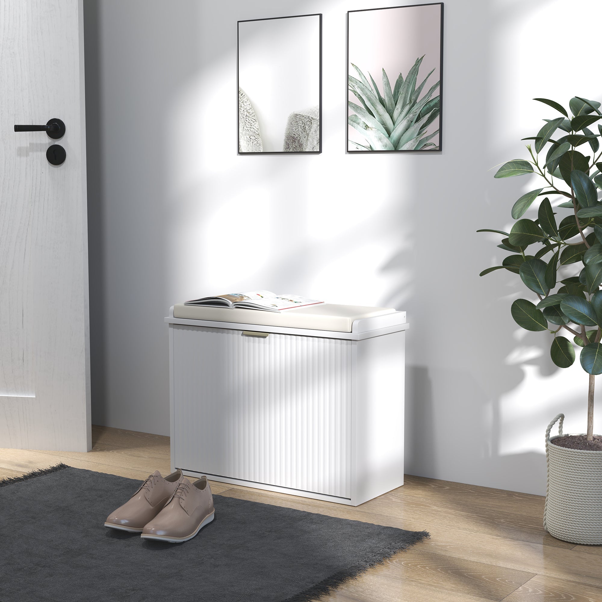 HOMCOM Elegant Six Shoe Bench, with Top Seat - White