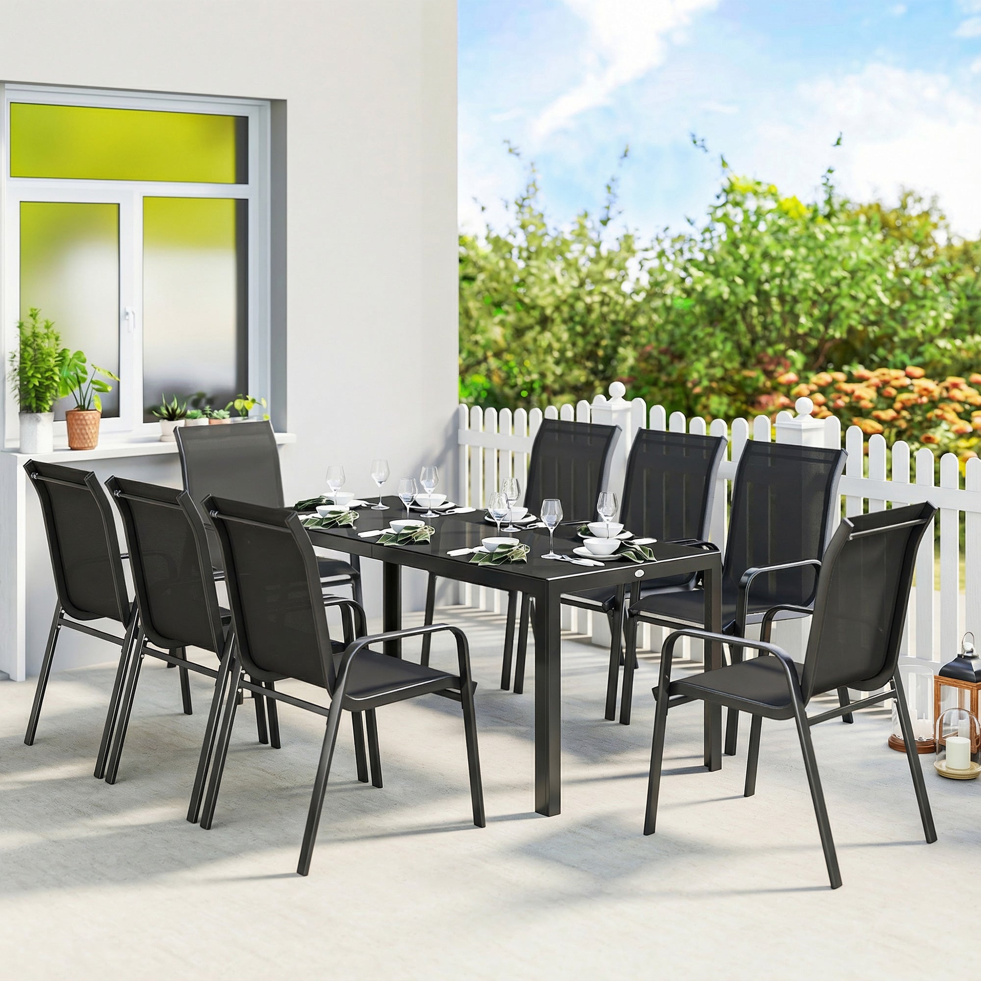 Outsunny 9 Pieces Garden Dining Set, Outdoor Table and Chairs Set for 8, Garden Furniture Set with Tempered Glass Top, Black