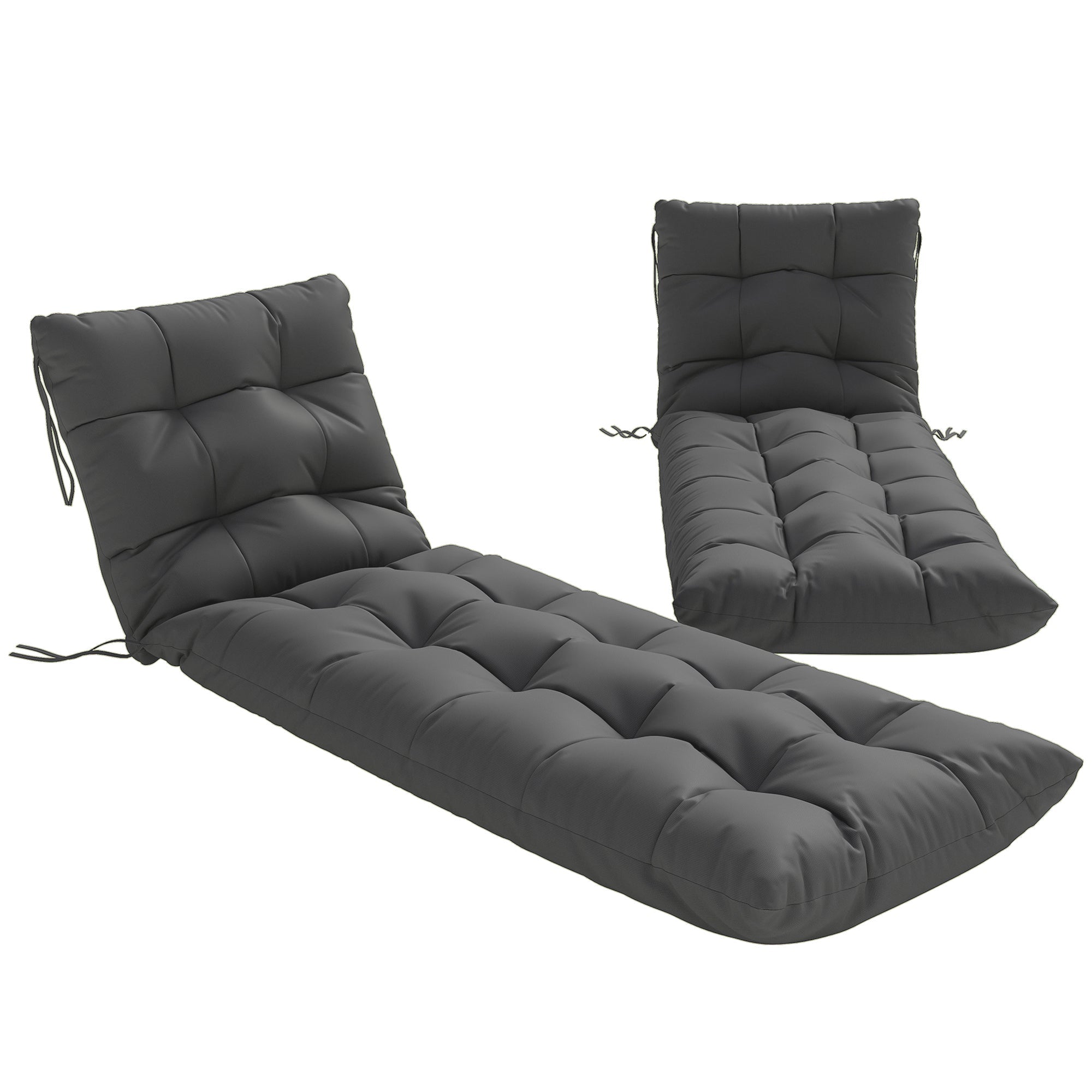 Outsunny Sun Lounger Cushions Only, Garden Lounge Chair Cushions Set of 2, Sunbed Replacement Pads with 4 Ties, Dark Grey