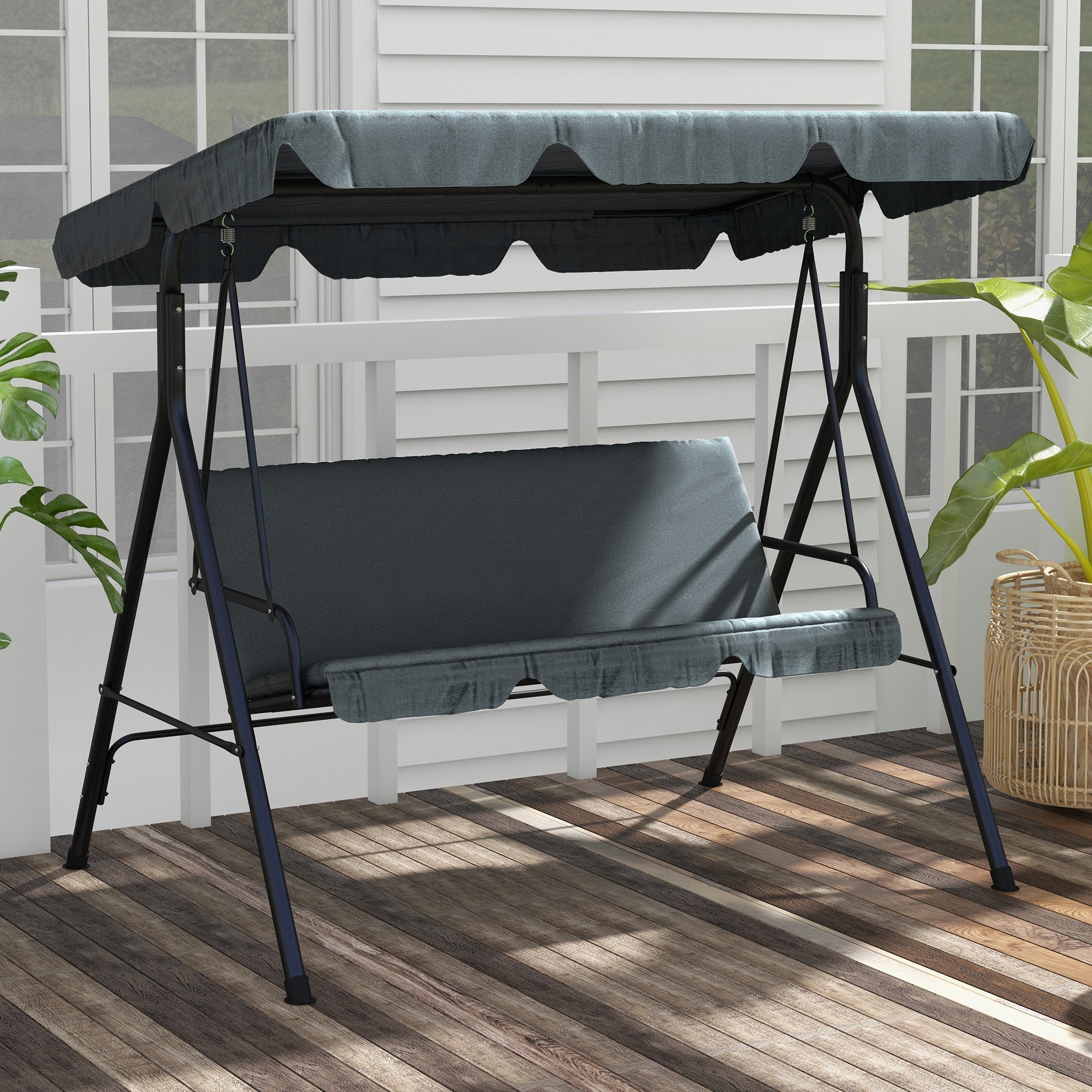 Outsunny 3 Seater Garden Swing Chair, Outdoor Swing Chair with Adjustable Canopy, Mental Frame & Cushions, Grey