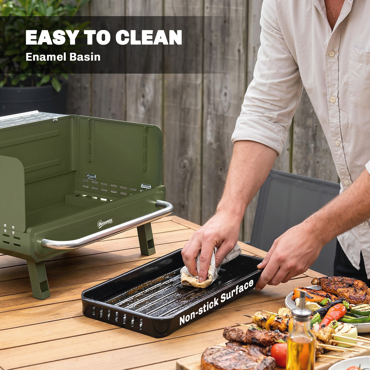 Outsunny Portable BBQ Grill, Charcoal Barbecue Grill with Adjustable Grates, Foldable Legs, Side Shelf for Camping Travel, Green