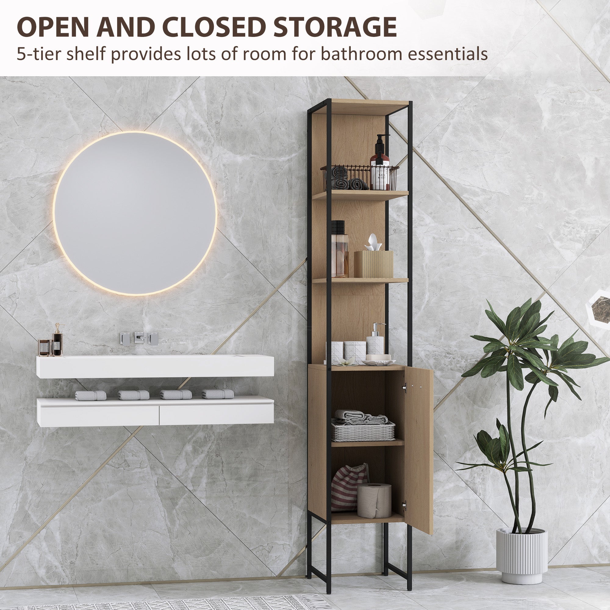 HOMCOM Tall Bathroom Cabinet with Open Shelves and Adjustable Shelf - Natural Wood Finish