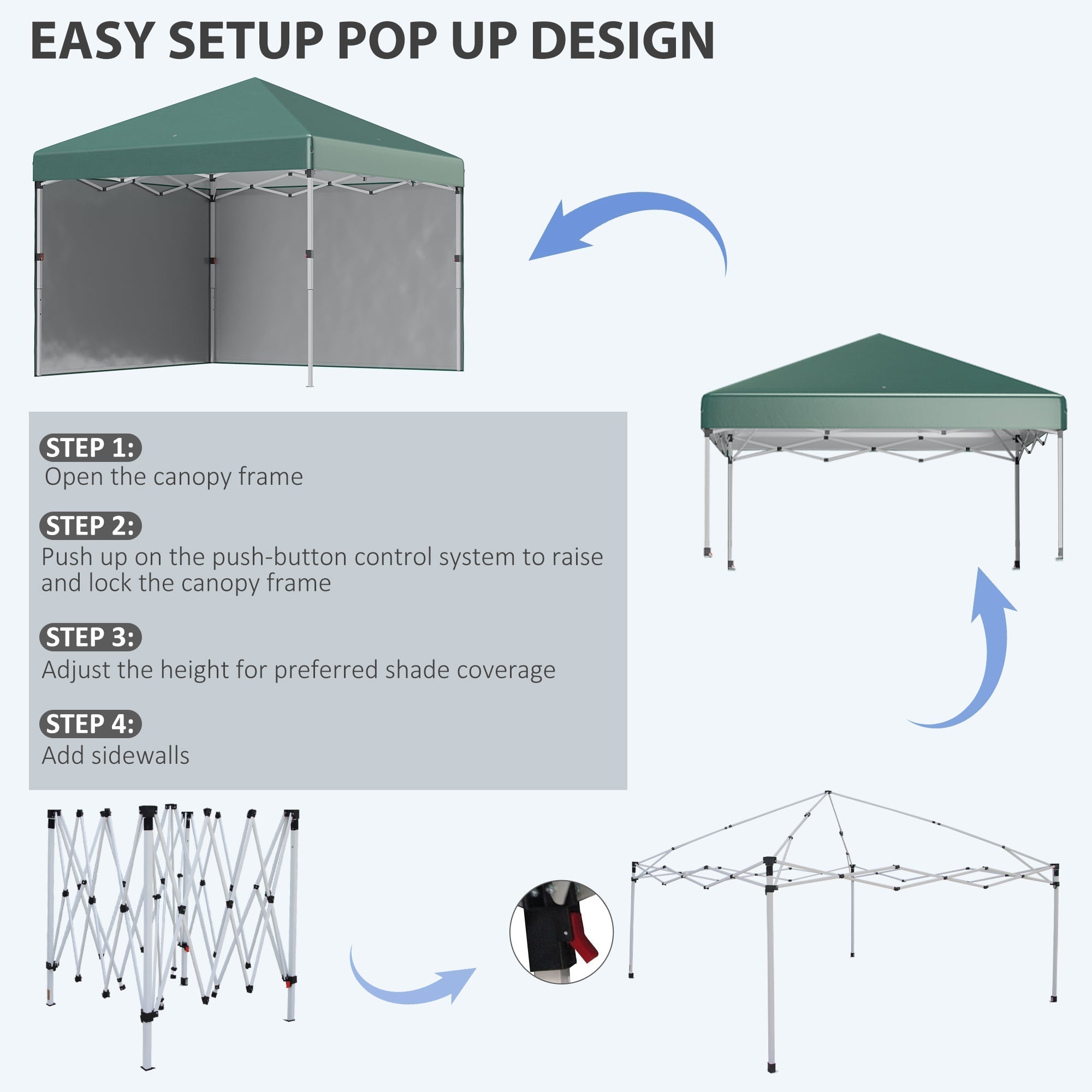 Outsunny 3 x 3 (M) Pop Up Gazebo, UPF 30+ with 2 Sidewalls, Leg Weight Bags and Wheeled Bag, Height Adjustable Party Tent Event Shelter for Garden, Patio, Green
