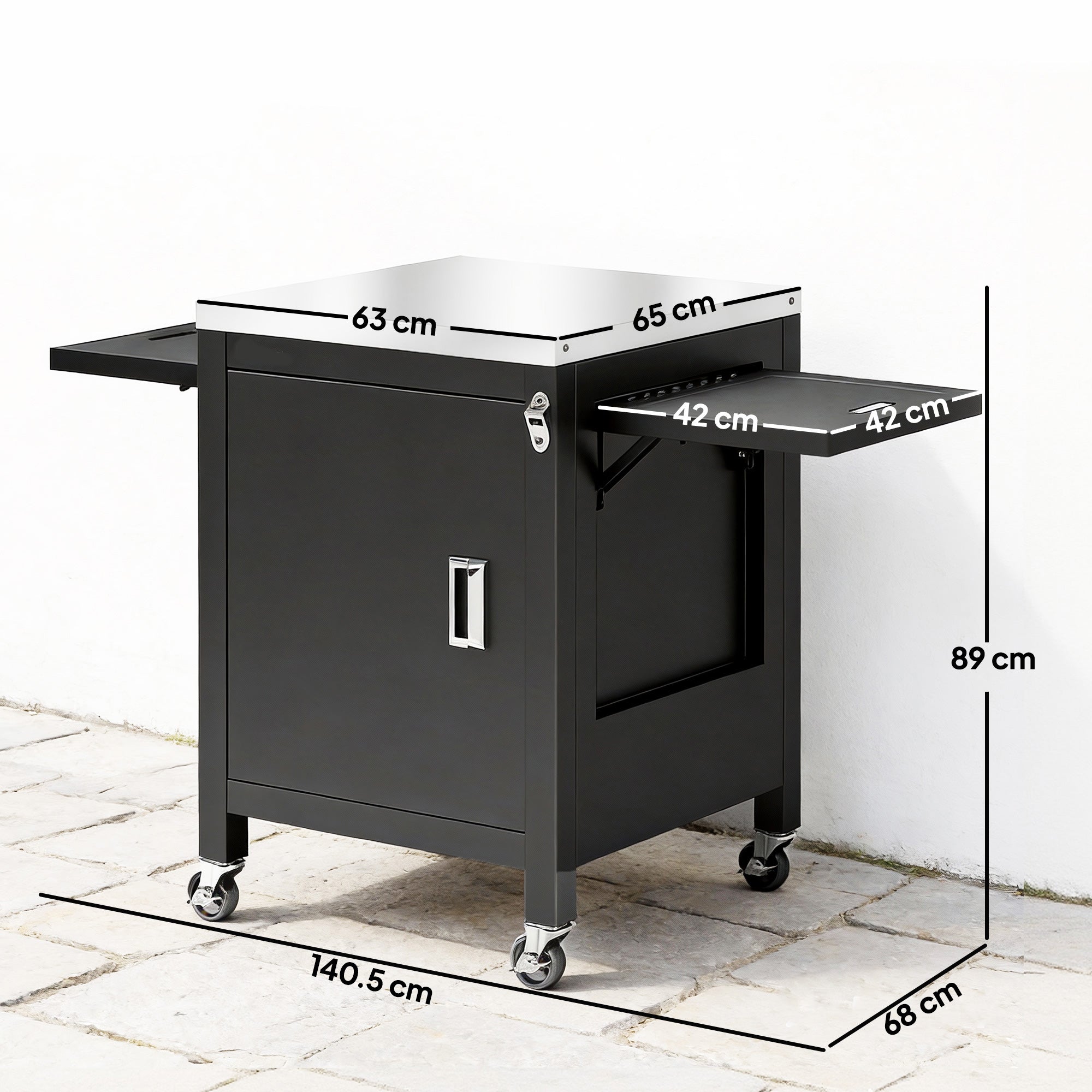 Outsunny Outdoor Grill Cart with Stainless Steel Tabletop, BBQ Table with a Cabinet, Towel Holder, Bottle Opener, Black