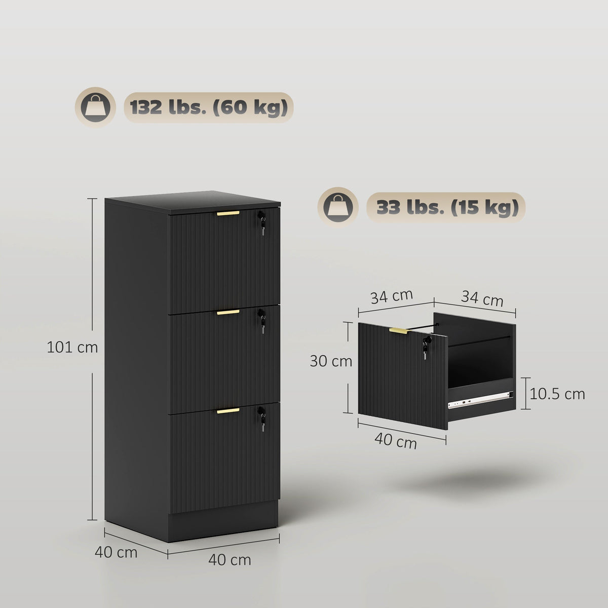 HOMCOM Filing Cabinet, Fluted Vertical File Cabinet with 3 Lockable Drawers and Hanging Rails, Black