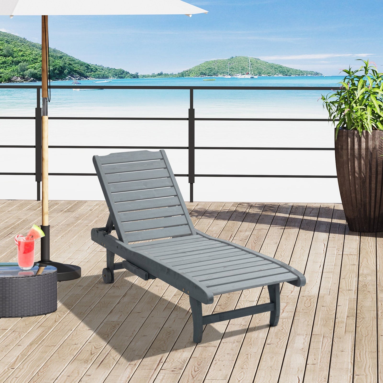 Outsunny Garden Patio Sun Lounger, Outdoor Wooden Sun Bed with Built-In Table, Reclining Backrest and Rolling Wheels for Sunbathing, Grey