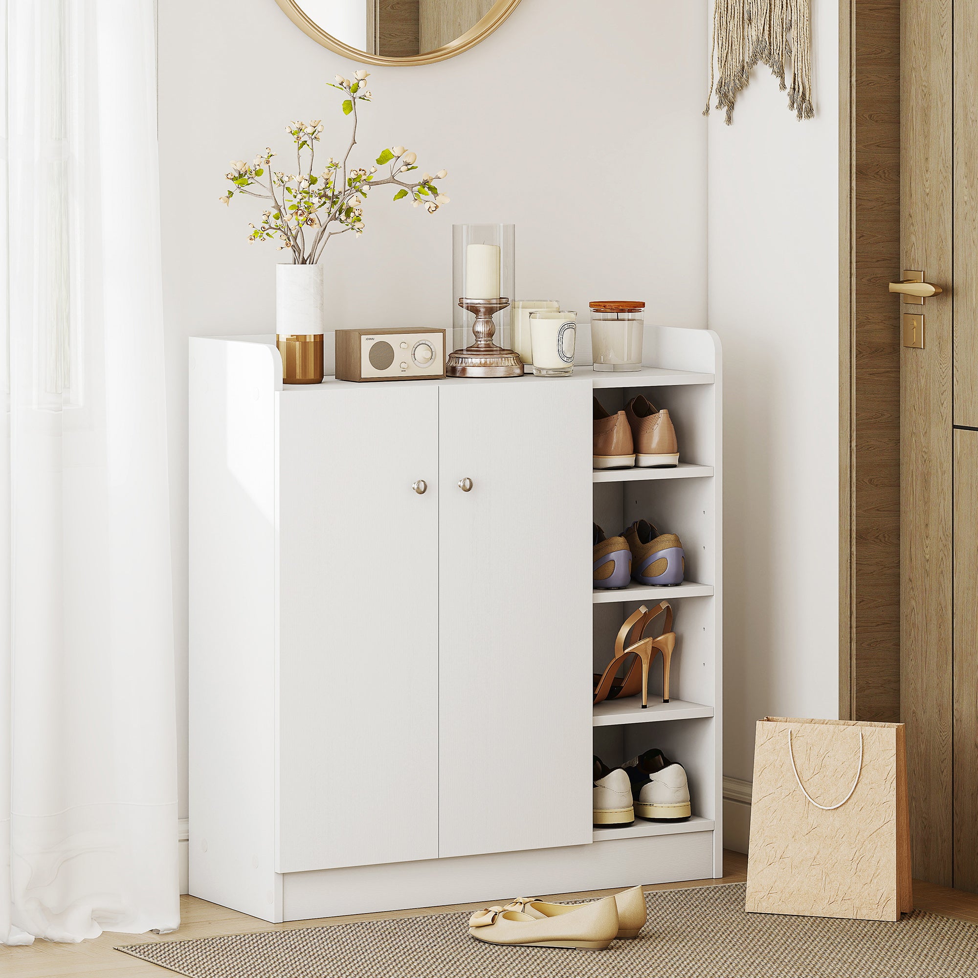 HOMCOM Shoe Storage Cabinet Two Doors w/ Adjustable 4 Shelves Cupboard Footwear Rack Stand Organiser Hallway White