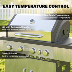 Outsunny 4+1 Burner Gas BBQ Grill, Portable Gas Barbecue Grill with Side Burner, Warming Rack, Side Shelf, Storage Cabinet