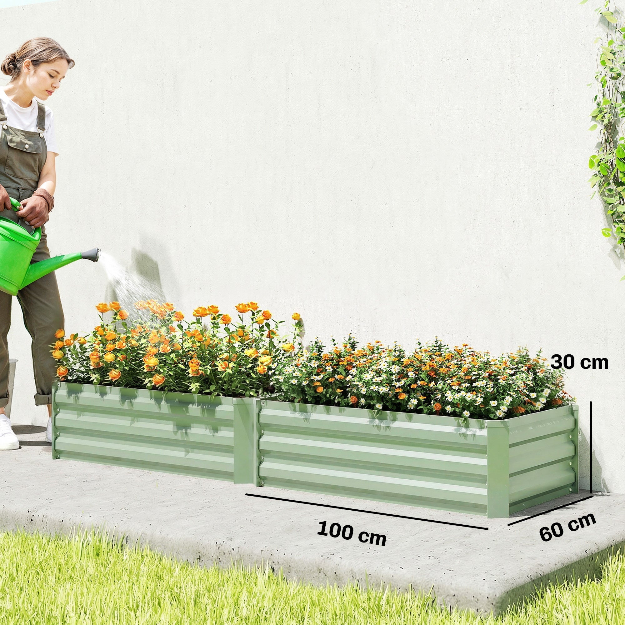 Outsunny Set of Two 100 x 60cm Steel Planter Boxes - Light Green