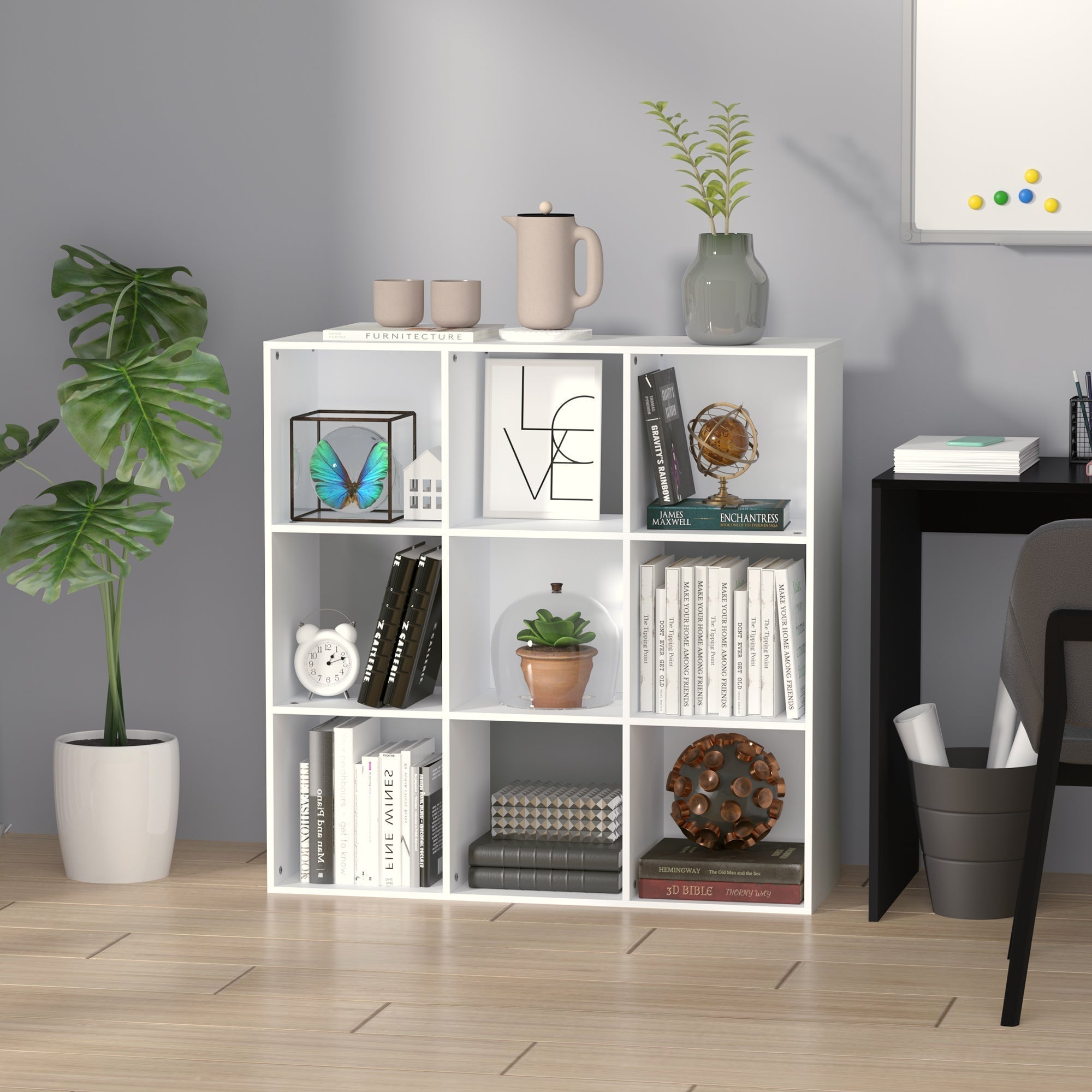 HOMCOM 3-tier 9 Cubes Storage Unit Particle Board Cupboard Bookcase Organiser Home Office Shelves, White