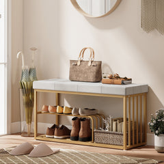 HOMCOM Bench and Shoe Storage, Tufted Shoe Storage Bench with Velvet Seat Cushion Gold Steel Frame for Entryway, Grey