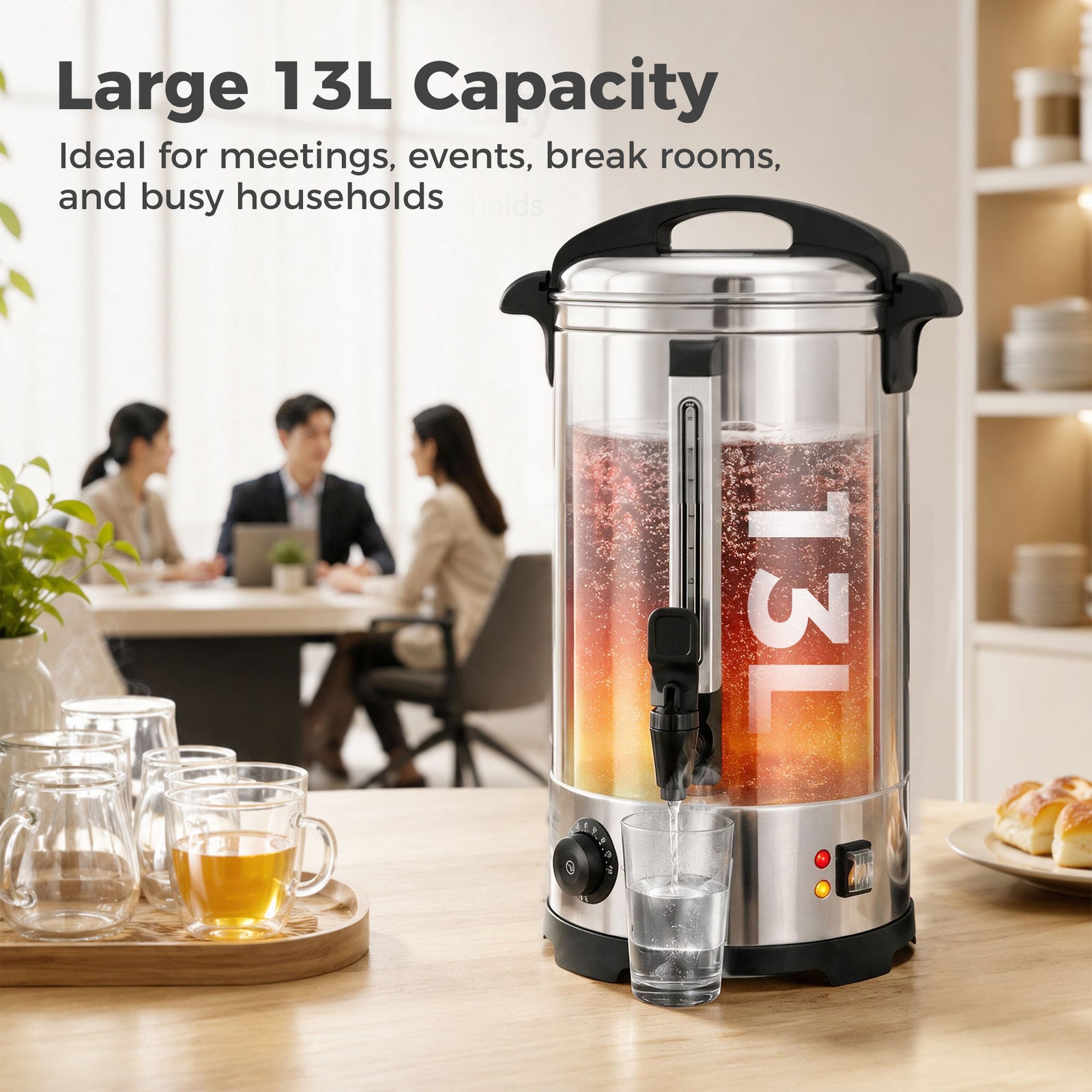 HOMCOM 13L Catering Urn, 2500W Stainless Steel Hot Water Boiler Dispenser with Thermostat, Keep Warm Function and Easy Pour Tap