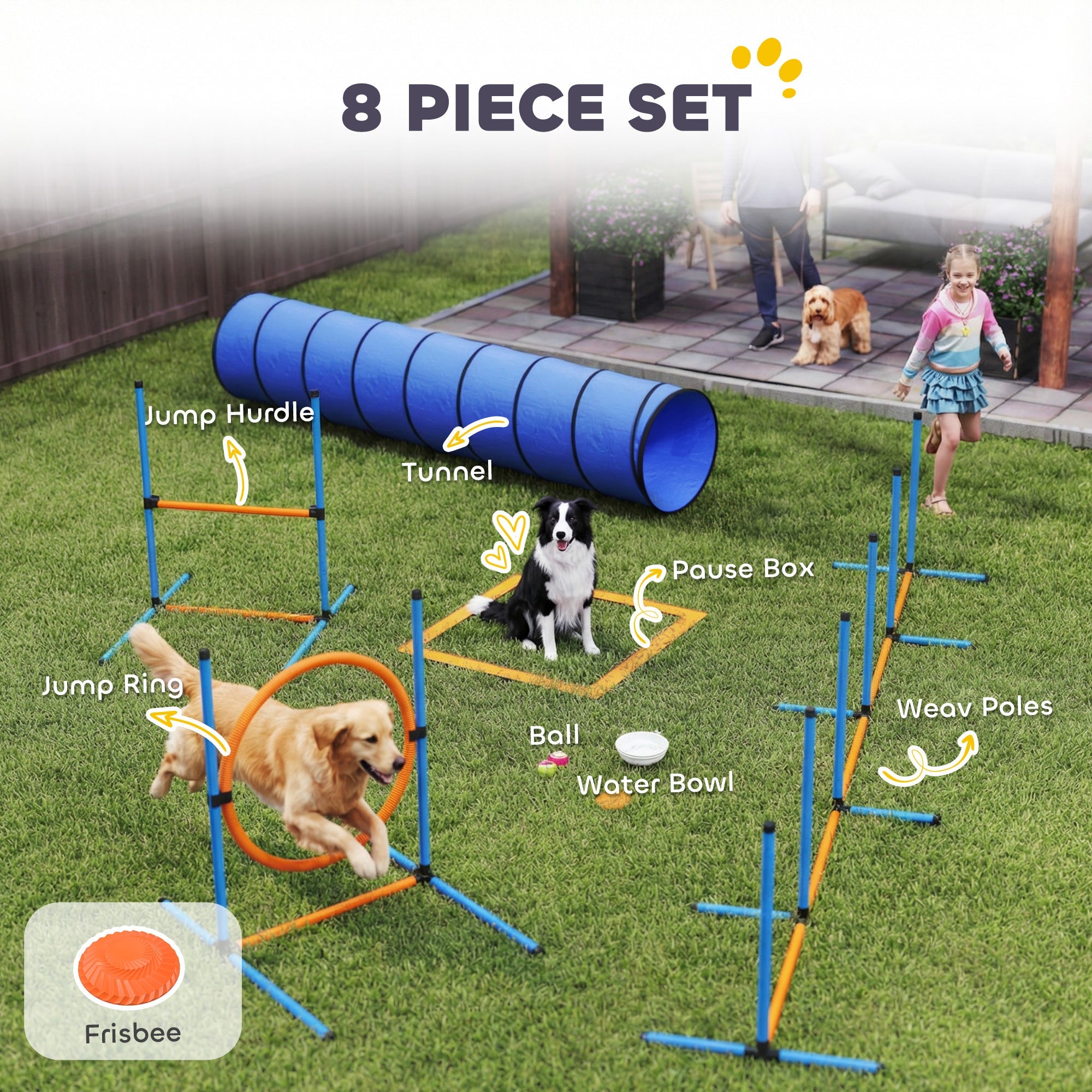 PawHut Dog Agility Equipment, 8PCS Agility Training Set with Tunnel, Weave Poles, Adjustable Hurdles, Jump Ring