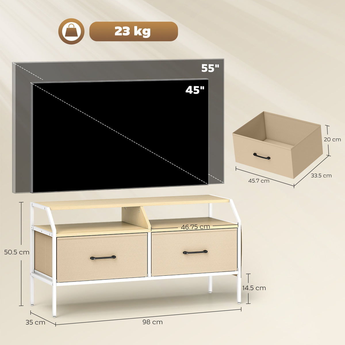 HOMCOM TV Stand Cabinet, TV Unit for 55-inch TVs with 2 Foldable Fabric Drawers, 5 Divided Side Pockets, Open Shelves, Console Table for Living Room, Bedroom, Entertainment Room, Natural Wood Finish