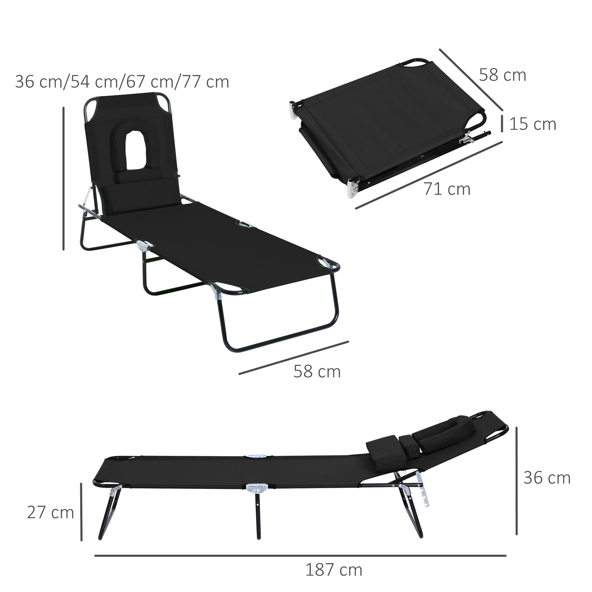 Outsunny Outdoor Folding Sun Lounger with Face Hole, 4 Level Adjustable Backrest Reclining Garden Lounger, Garden Recliner Sunbed with 600 D Oxford Cloth Seat and Pillow for Beach, Black