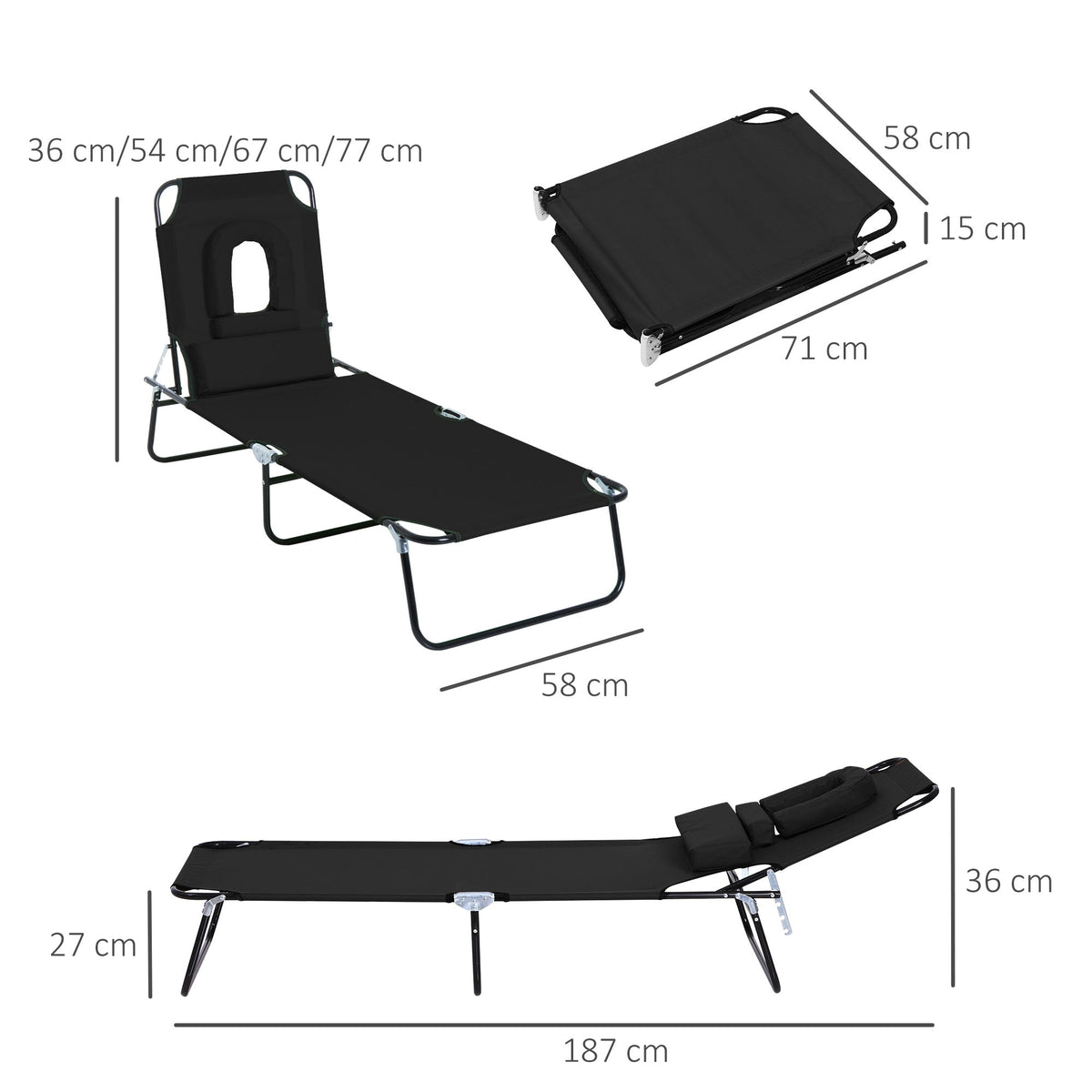 Outsunny Outdoor Folding Sun Lounger with Face Hole, 4 Level Adjustable Backrest Reclining Garden Lounger, Garden Recliner Sunbed with 600 D Oxford Cloth Seat and Pillow for Beach, Black