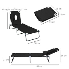Outsunny Outdoor Folding Sun Lounger with Face Hole, 4 Level Adjustable Backrest Reclining Garden Lounger, Garden Recliner Sunbed with 600 D Oxford Cloth Seat and Pillow for Beach, Black