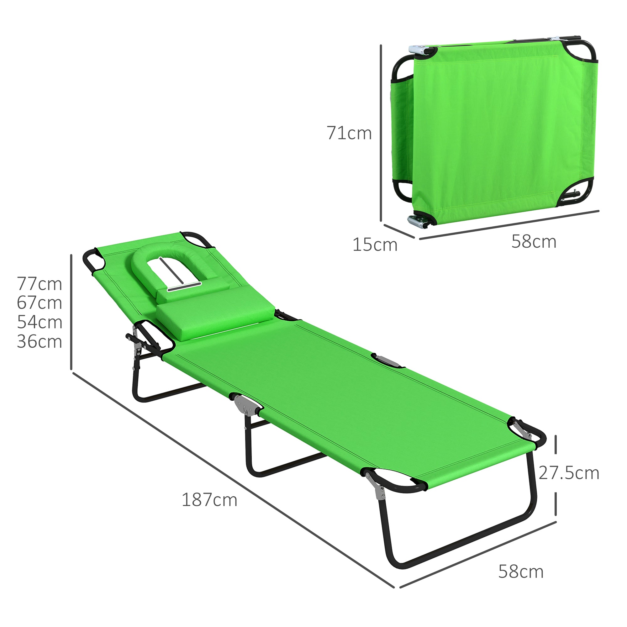 Outsunny Outdoor Folding Sun Lounger Set of 2 with Face Hole, 4 Level Adjustable Backrest Reclining Garden Lounger, Garden Recliner Sunbed with 600 D Oxford Cloth Seat and Pillow for Beach, Green