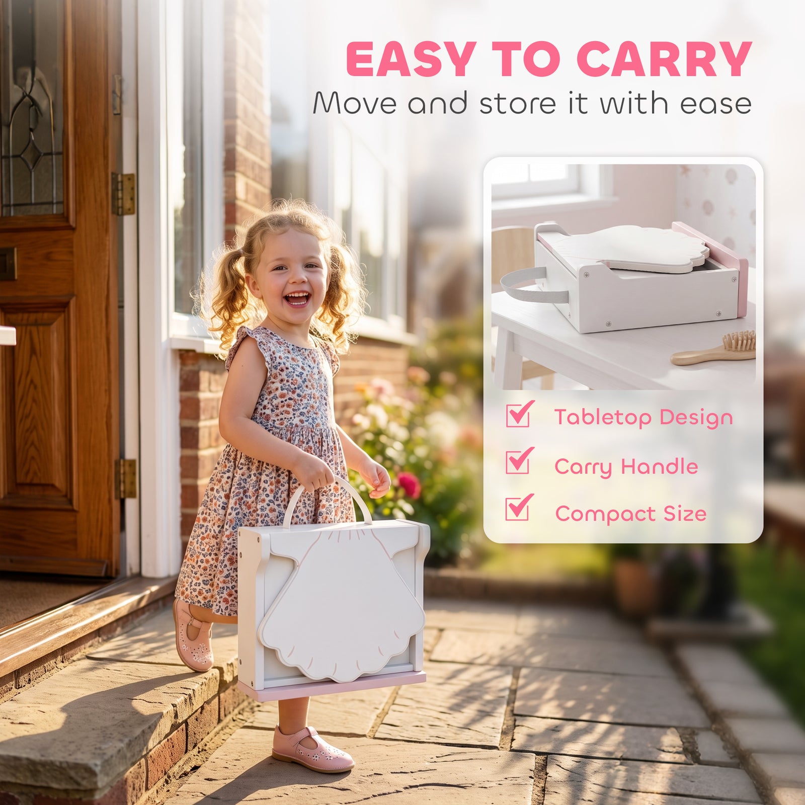 AIYAPLAY Kids Vanity Table, Portable Girls Dressing Table with Lights, Mirror, Drawer, Accessories, Gift for Girls 3-6 Years