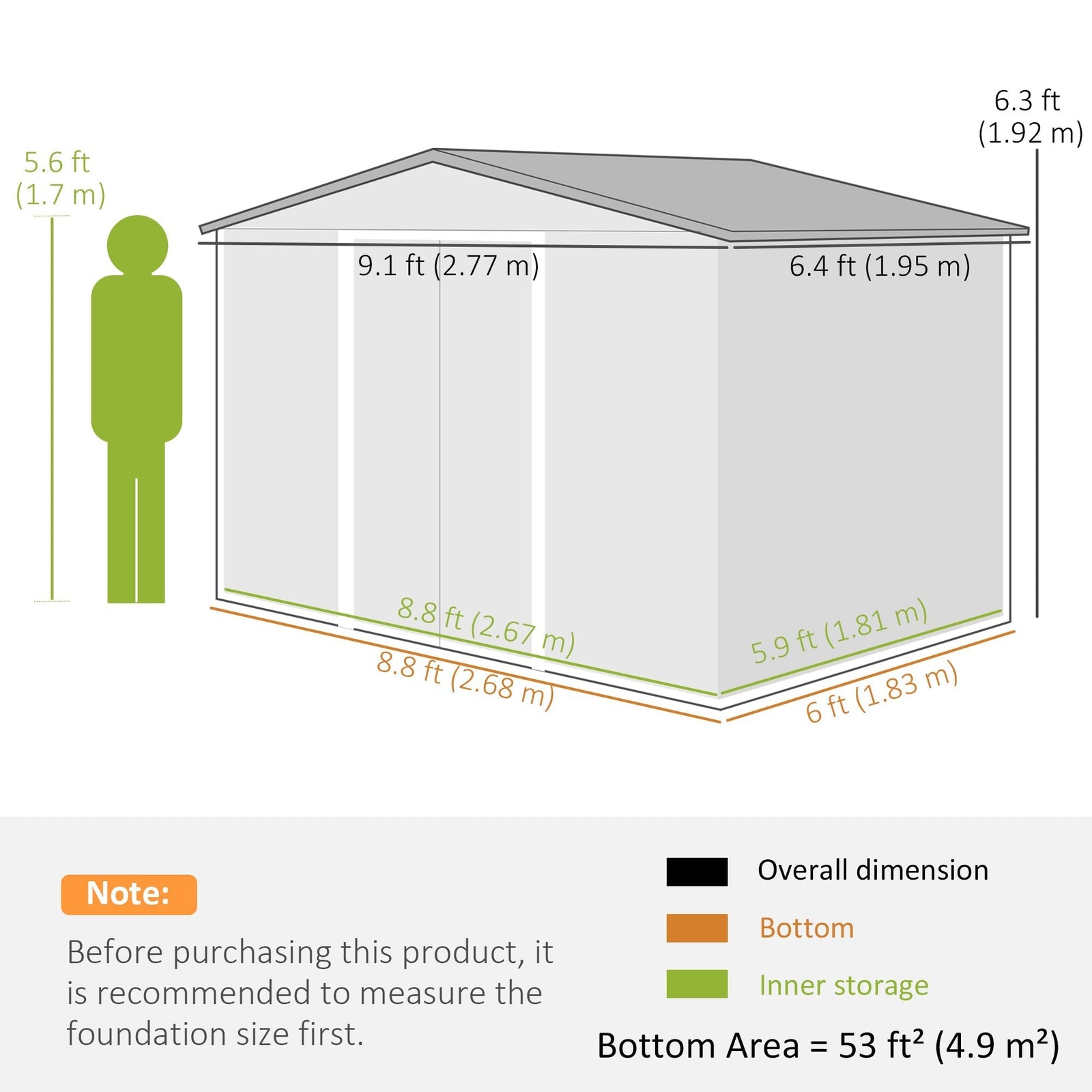 Outsunny Metal Bike Shed, Mobility Scooter Shed House with Foundation Kit, Ventilation, Doors, 9 x 6FT, Silver