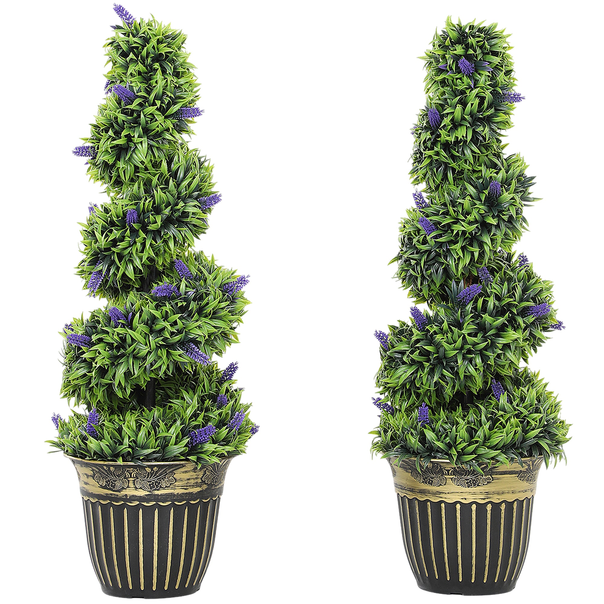 HOMCOM Set of 2 Decorative Artificial Plants, Boxwood Spiral Topiary Tree with Lavender and Pot, Fake Plants for Home Indoor Outdoor Decor, 90cm