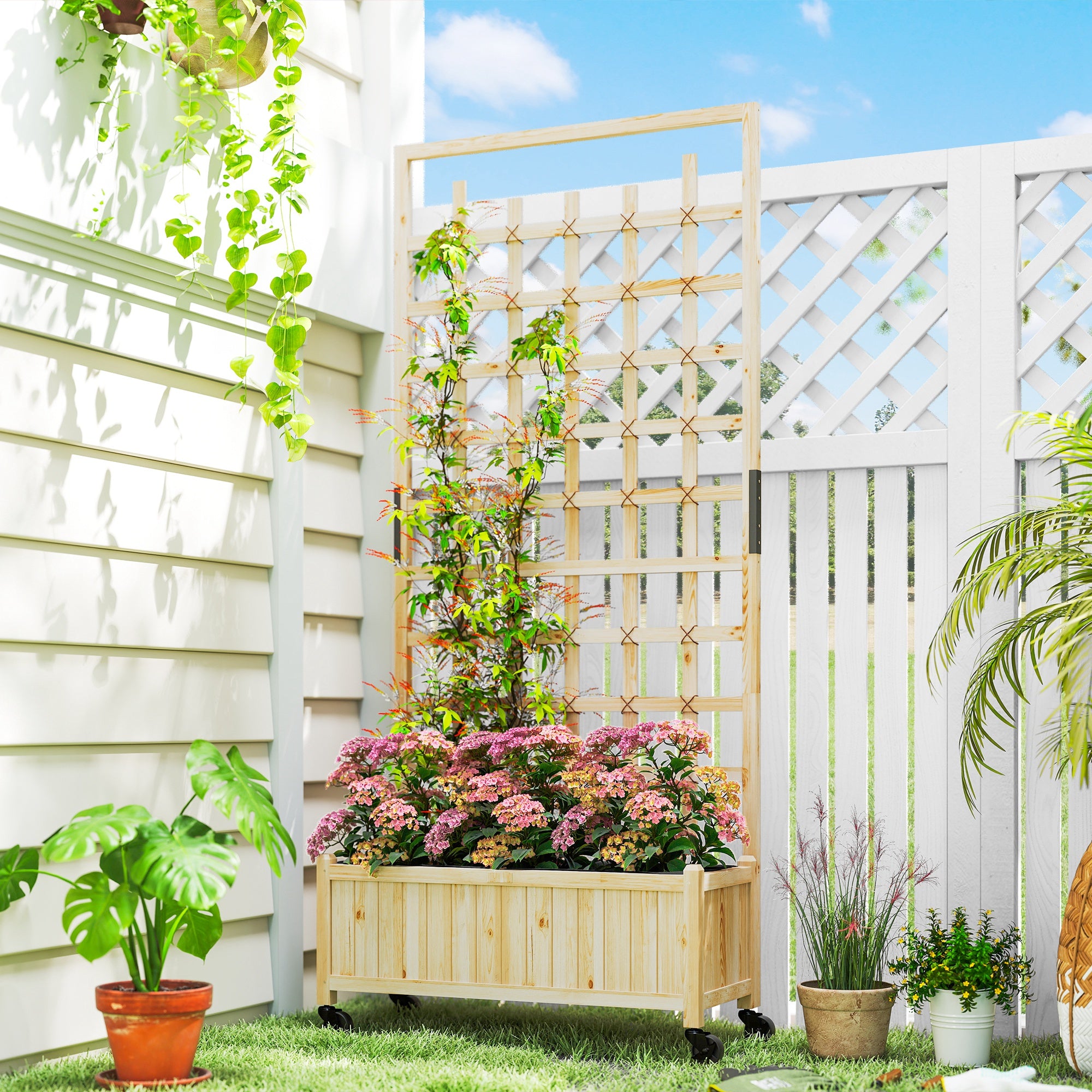 Outsunny Wooden Trellis Planter, Raised Garden Bed with Wheels, to Climb and Grow Vegetables, Herbs and Flowers, Natural