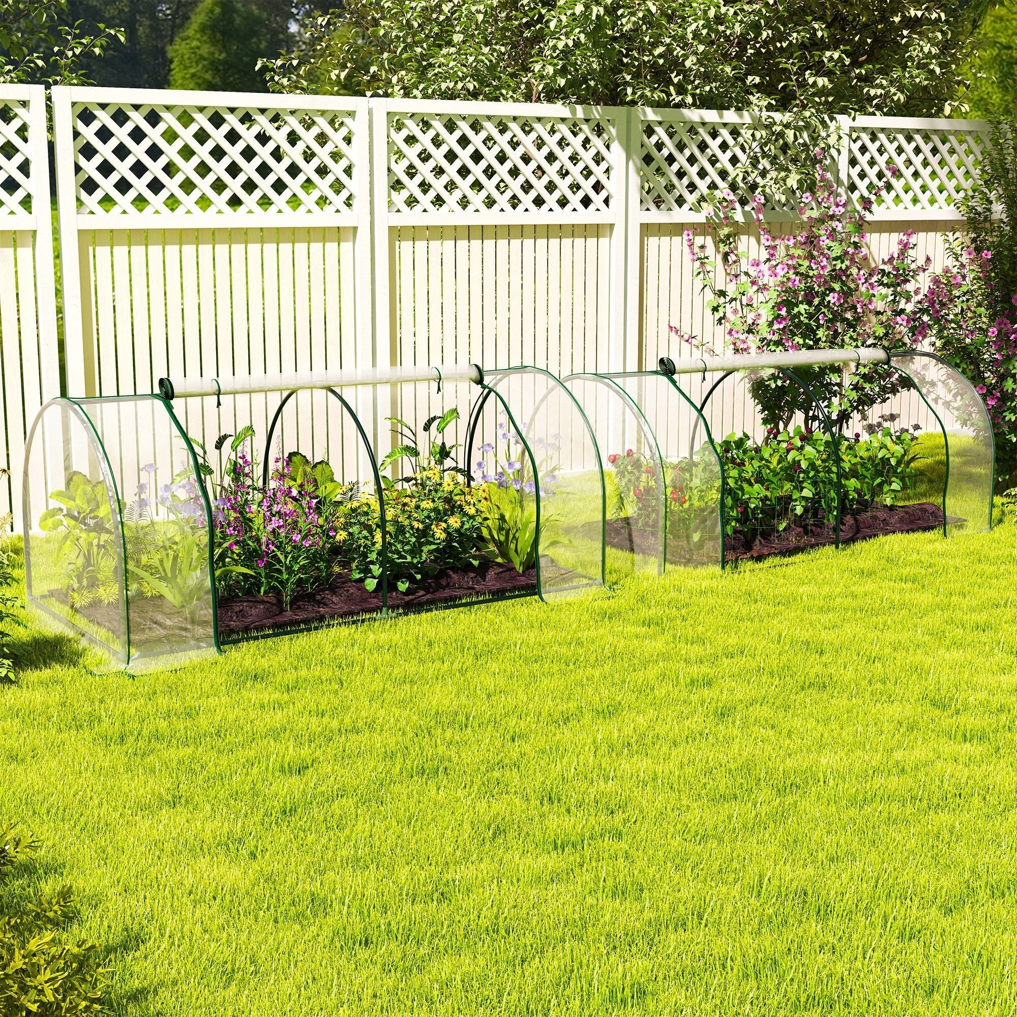 Outsunny Set of 2 Tunnel Greenhouse, Green Grow House with Roll-up Door, Steel Frame, Plastic Cover for Garden, Outdoor, 200 x 100 x 80cm, Clear