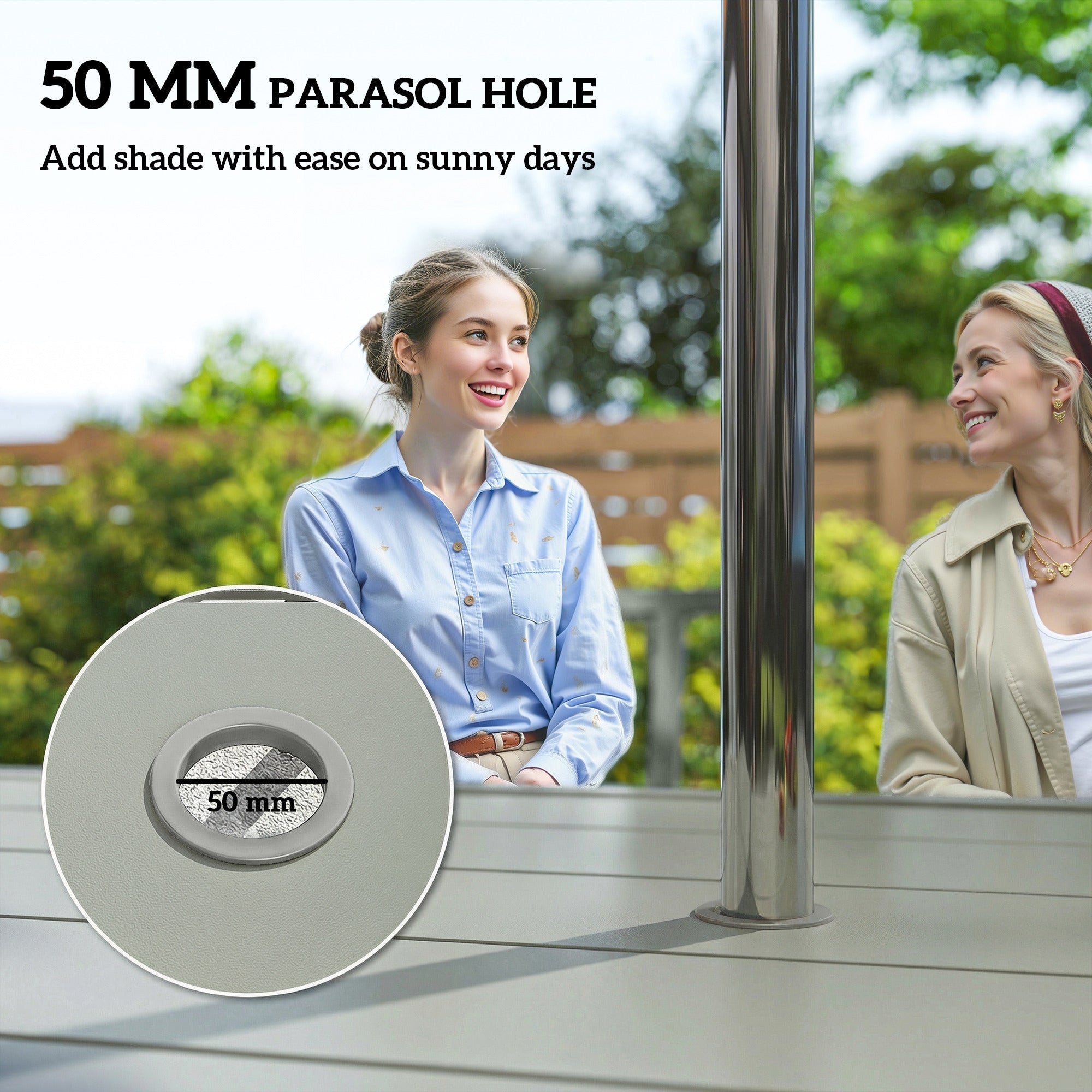 Outsunny Garden Table and Chairs for 6, 7 Pieces Garden Furniture Set with Table, 6 Stackable Chairs and Umbrella Hole Light Grey