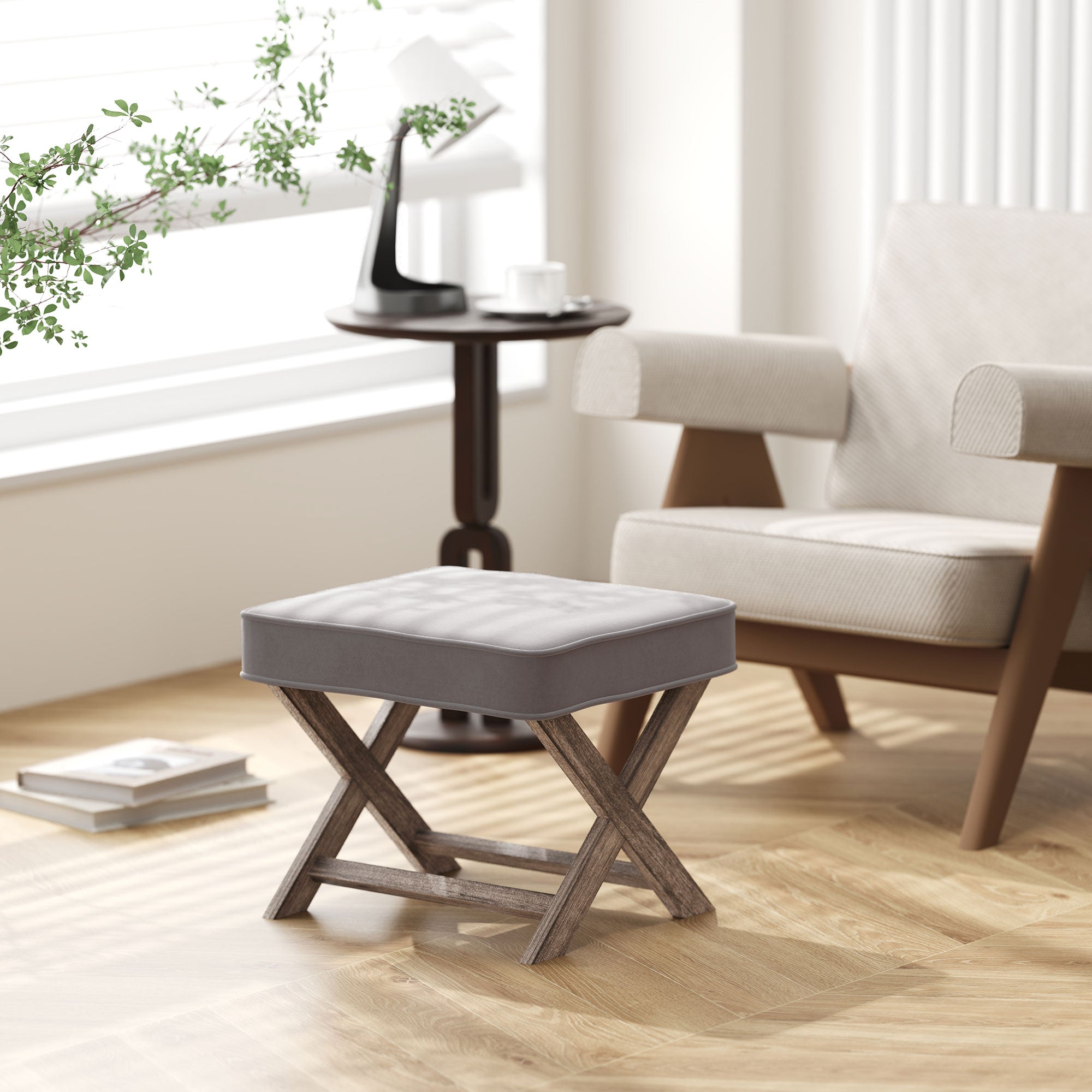 HOMCOM Vintage Footstool Padded Seat X Leg Chair Velvet Cover Shabby Chic Footrest Solid Rubber Wood Frame 49.5 x 45 x 41 cm Grey