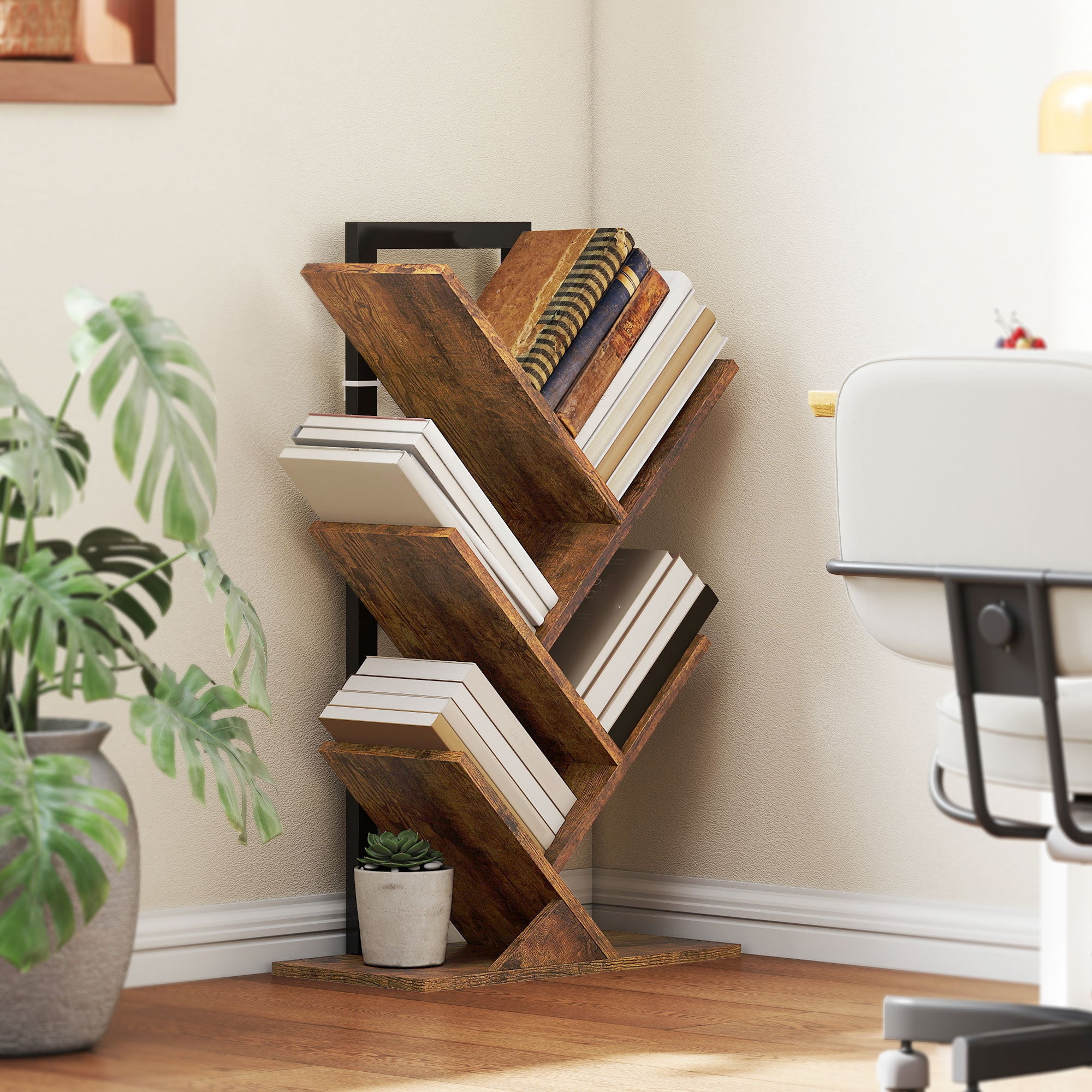 HOMCOM Four-Section Tree Bookcase - Wood-Effect