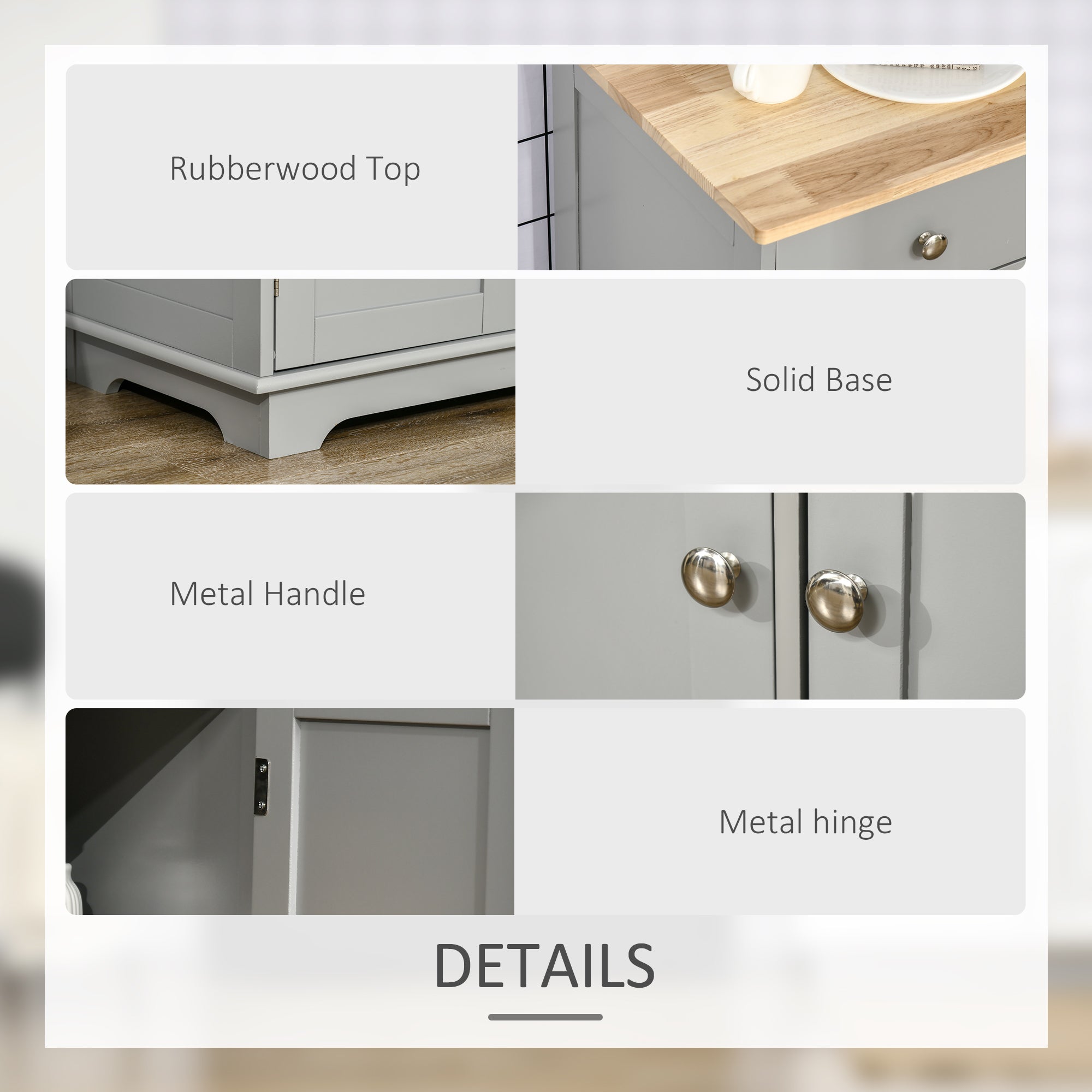 HOMCOM Sideboard with Rubberwood Top and Adjustable Shelves for Dining Room, Kitchen - Grey