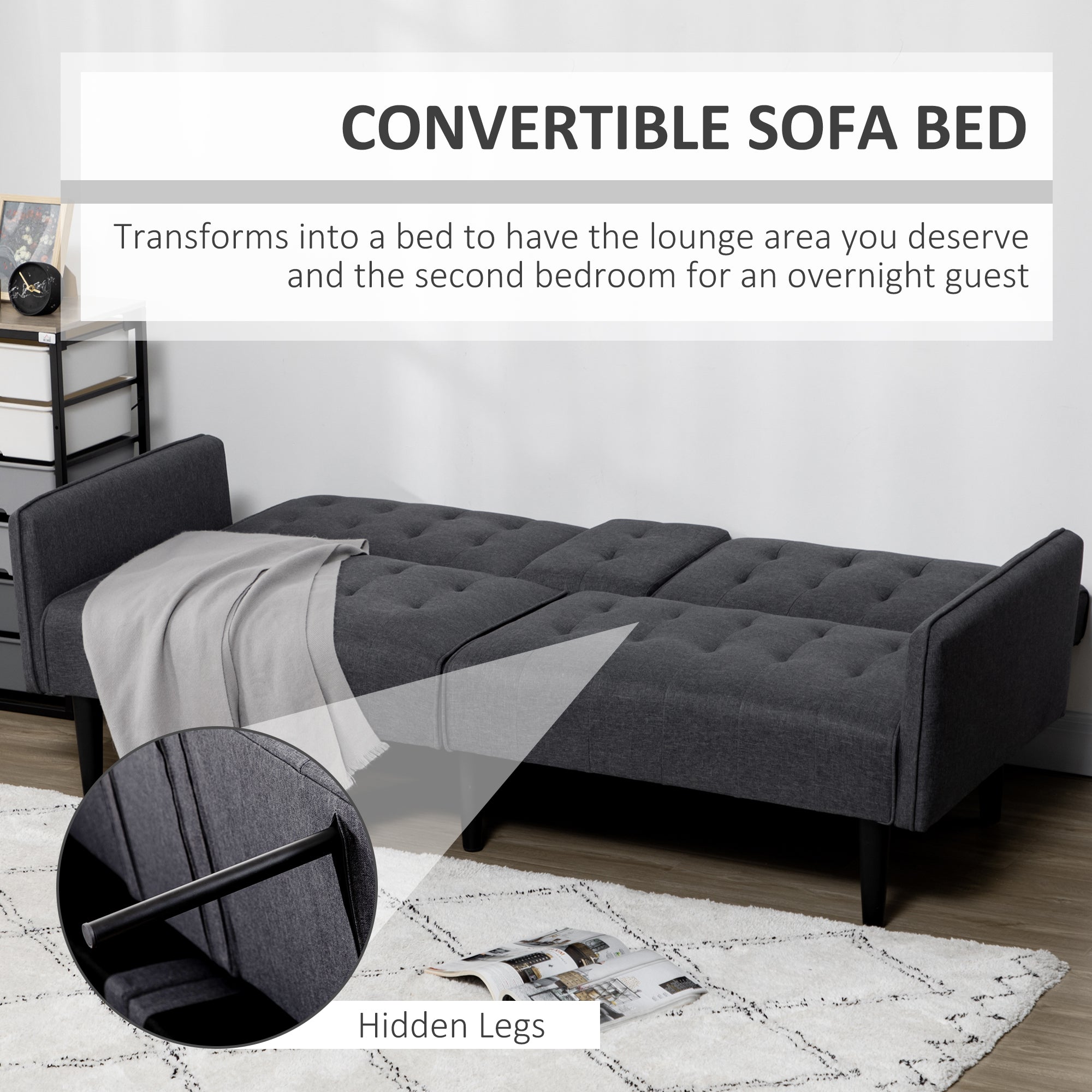 HOMCOM Three-Seater Sofa Bed, with Cupholders - Grey