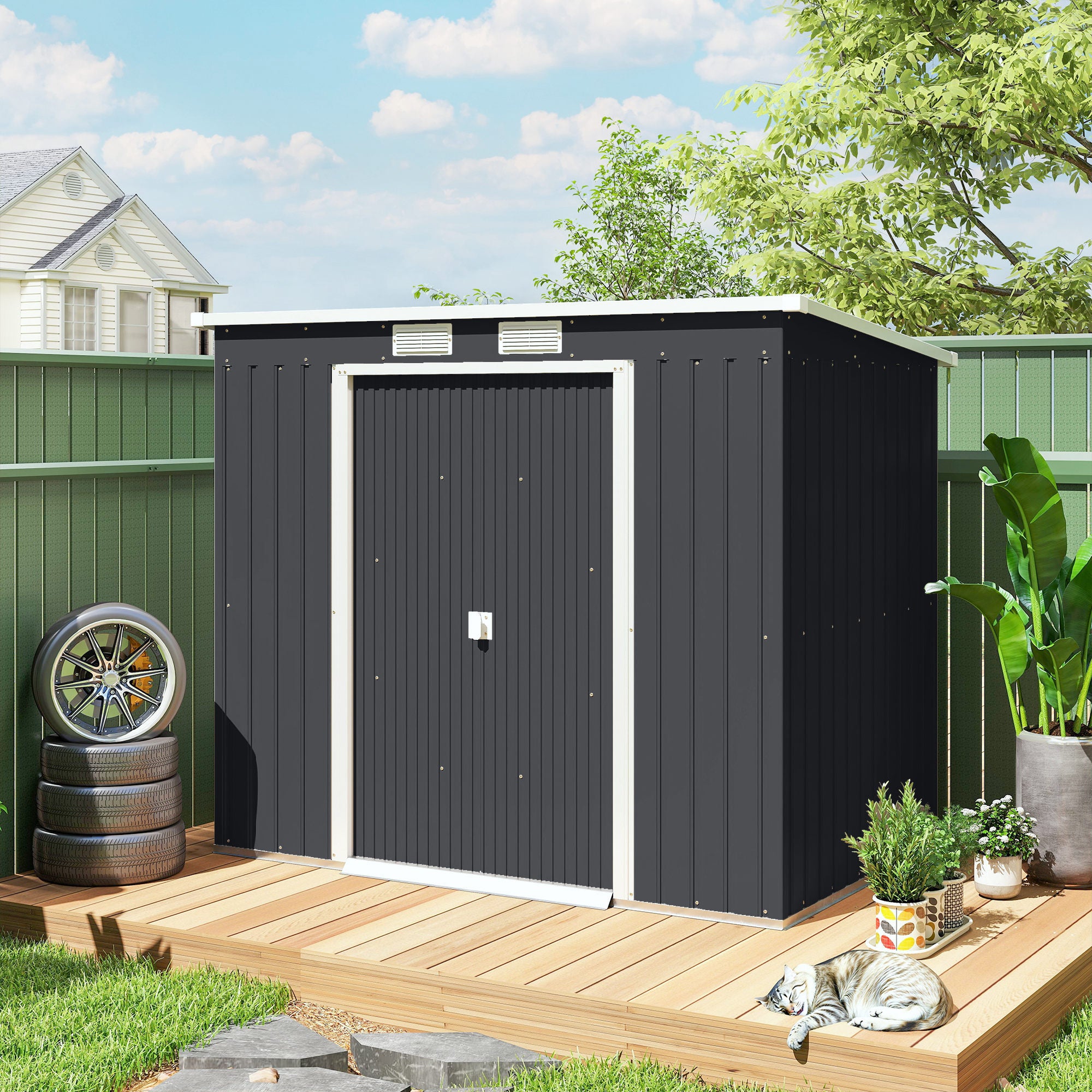 Outsunny 7 x 4ft Galvanised Steel Garden Shed, with Foundation Kit - Dark Grey