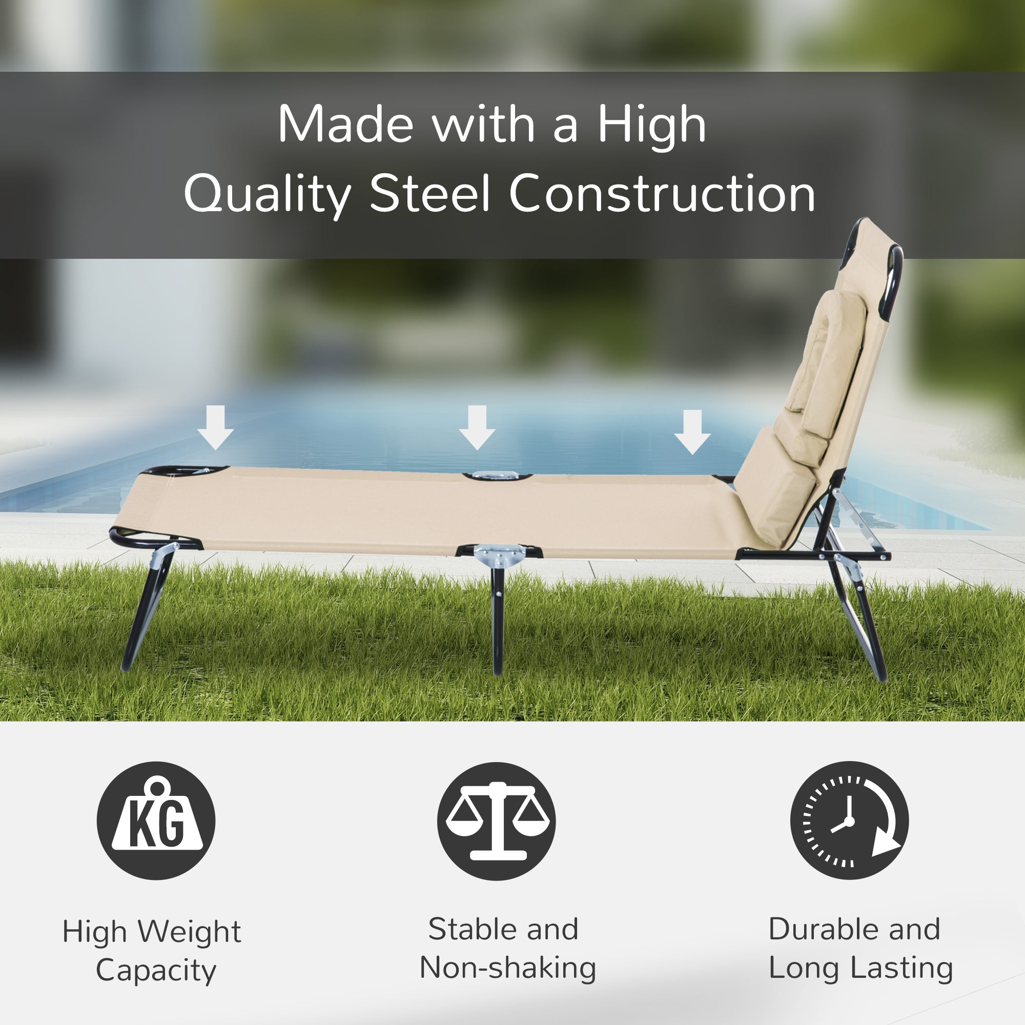 Outsunny Outdoor Folding Sun Lounger with Face Hole, 4 Level Adjustable Backrest Reclining Garden Lounger, Garden Recliner Sunbed with 600 D Oxford Cloth Seat and Pillow for Beach, Beige