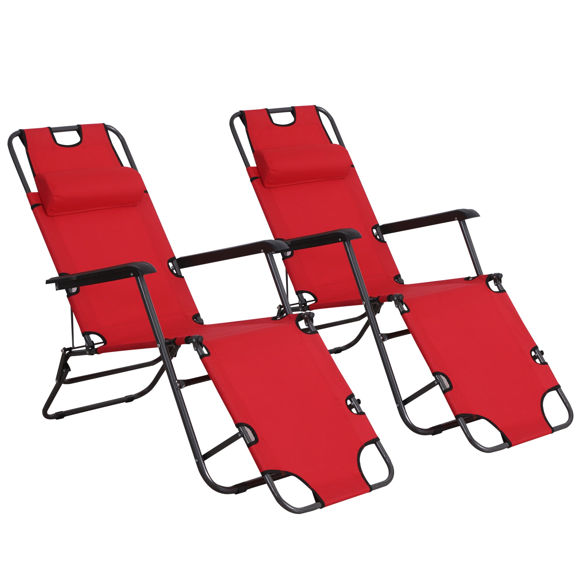 Outsunny 2 in 1 Folding Sun Lounger Reclining Garden Chair Set of 2 with 2-Level Adjustable Backrest, Outdoor Zero Gravity Recliner Garden Chairs with Head Pillow and Armrests, Red