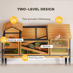 PawHut Wooden Tortoise House with Stand Legs, Clear Observation Windows, Ramps, Openable Top, Built-in Tray, Yellow