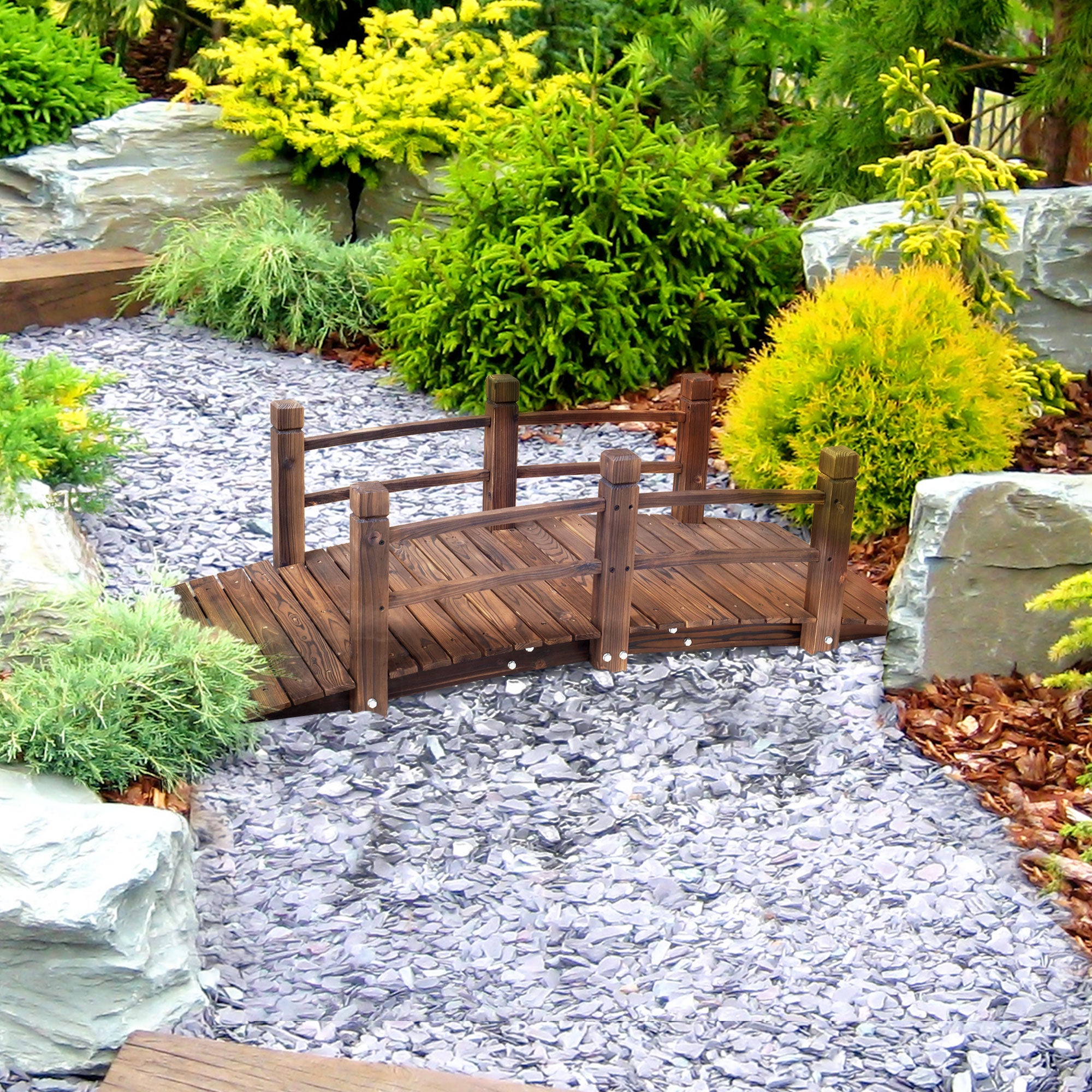 Outsunny 1.5M Wooden Garden Bridge Lawn D√É¬©cor Stained Finish Arc Outdoor Pond Walkway w/ Railings Water Yard Decoration