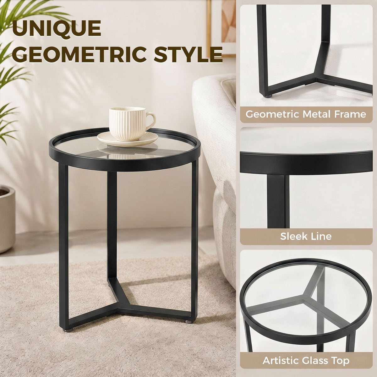 HOMCOM Round Side Table with Tempered Glass Top and Geometric Metal Frame for Small Space, Black